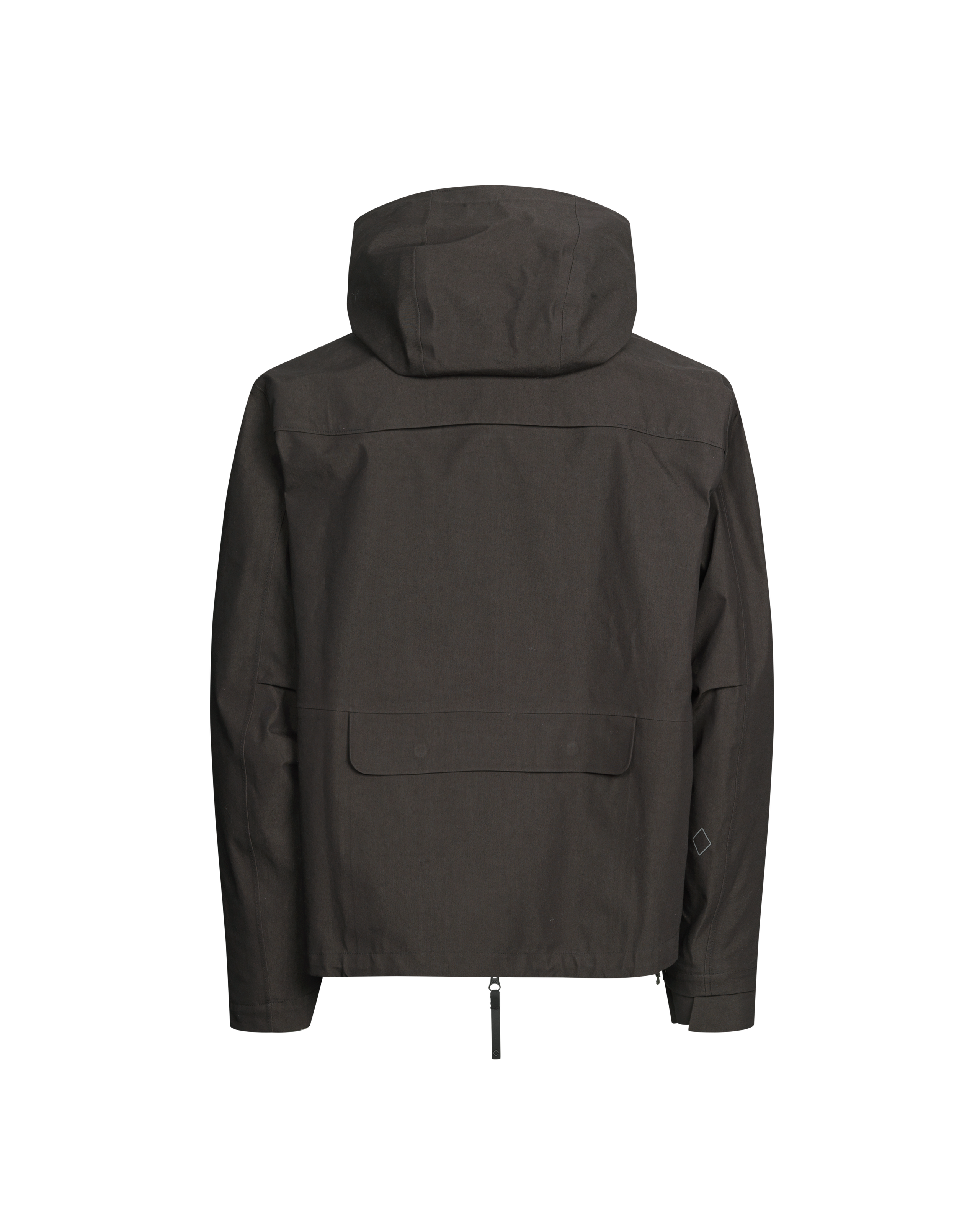 Dark Olive Off-Race 3L Cotton Shell jacket, rear view with hood up and back pocket detail