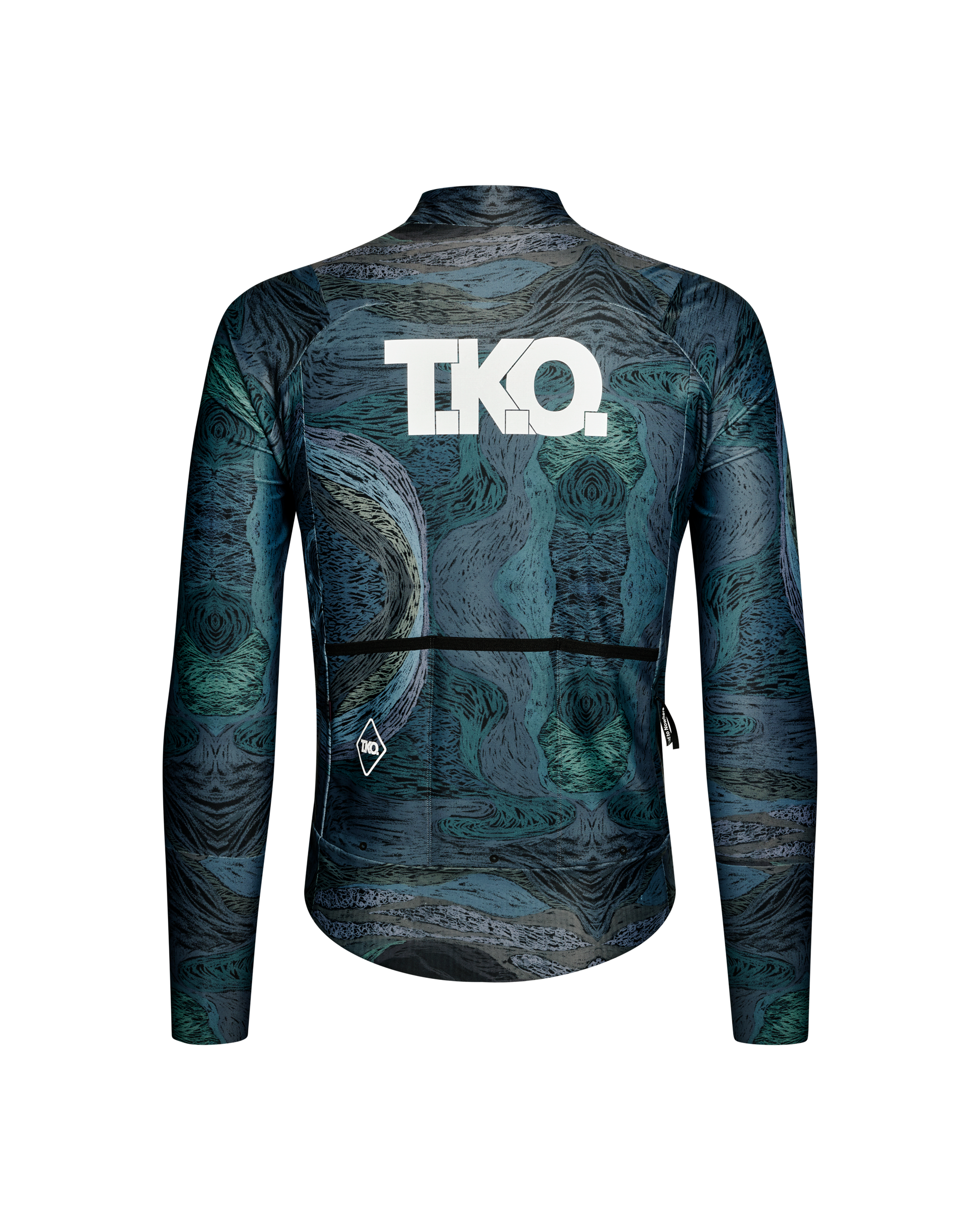 Dark Multi T.K.O. Mechanism Thermal cycling jacket, rear flat lay with swirling AOP print and white T.K.O. back logo