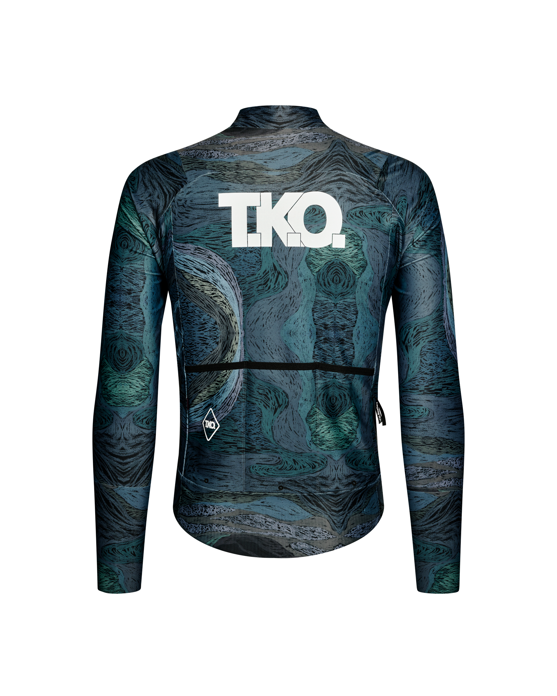 Dark Multi T.K.O. Mechanism Thermal cycling jacket, rear flat lay with swirling AOP print and white T.K.O. back logo