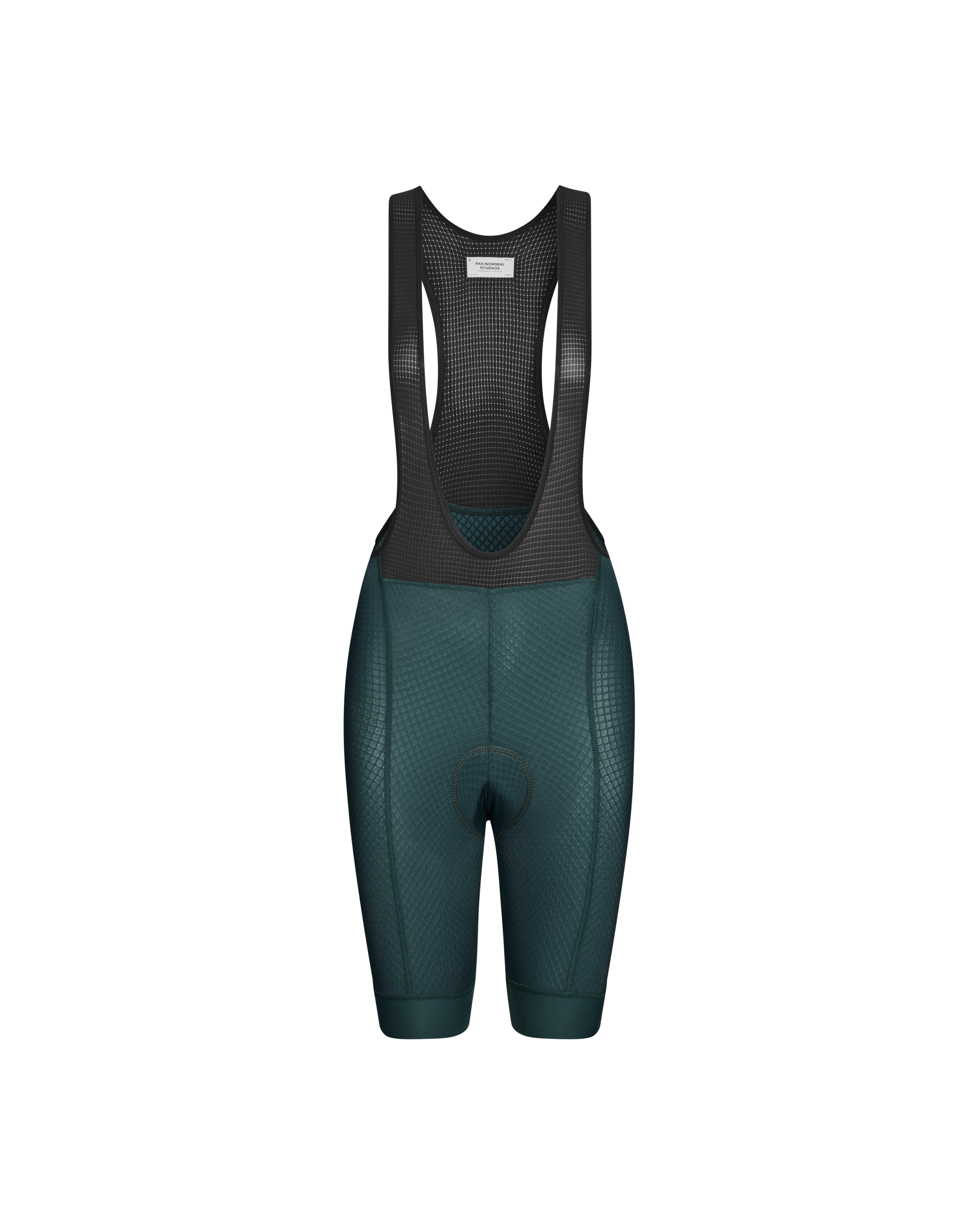 Dark Petroleum Essential bibs, front flat lay with mesh bib straps and contrast waistband