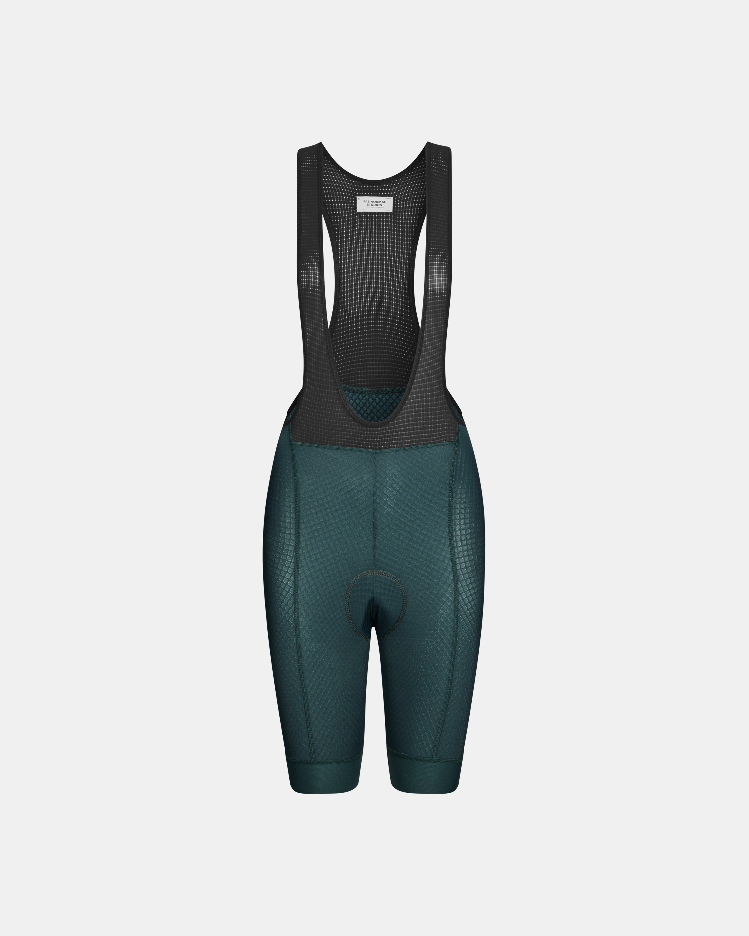 Dark Petroleum Essential bibs, front flat lay with mesh bib straps and contrast waistband
