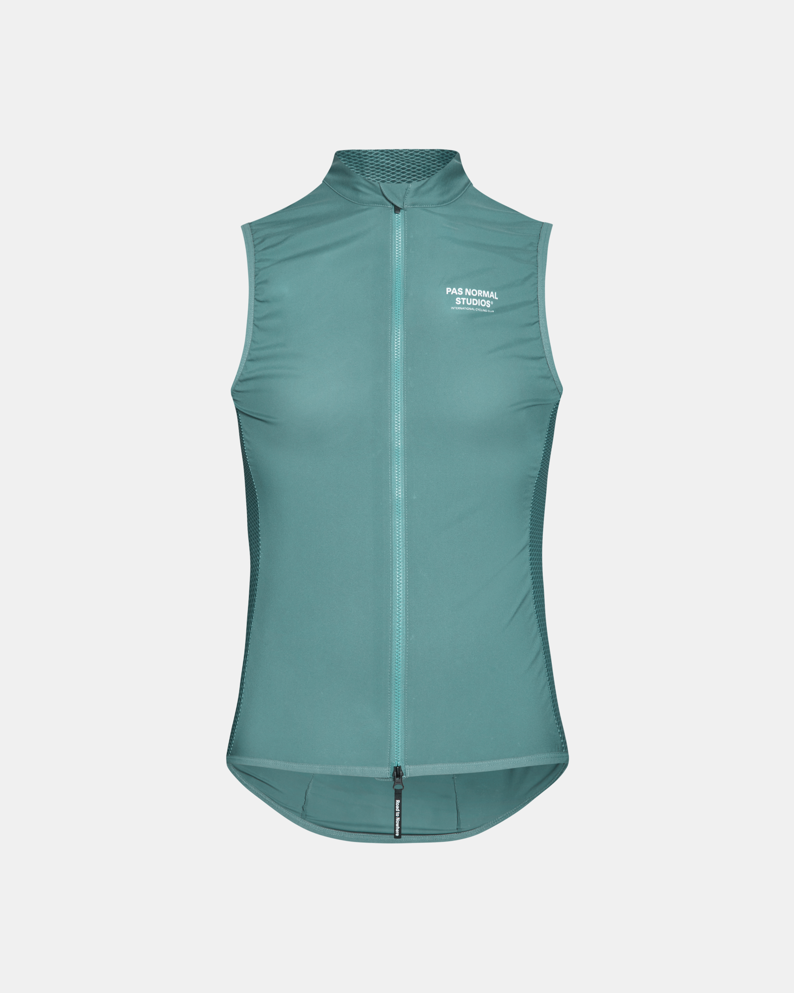 Grey Teal Mechanism Stow Away cycling gilet, front view with mesh collar and side panels