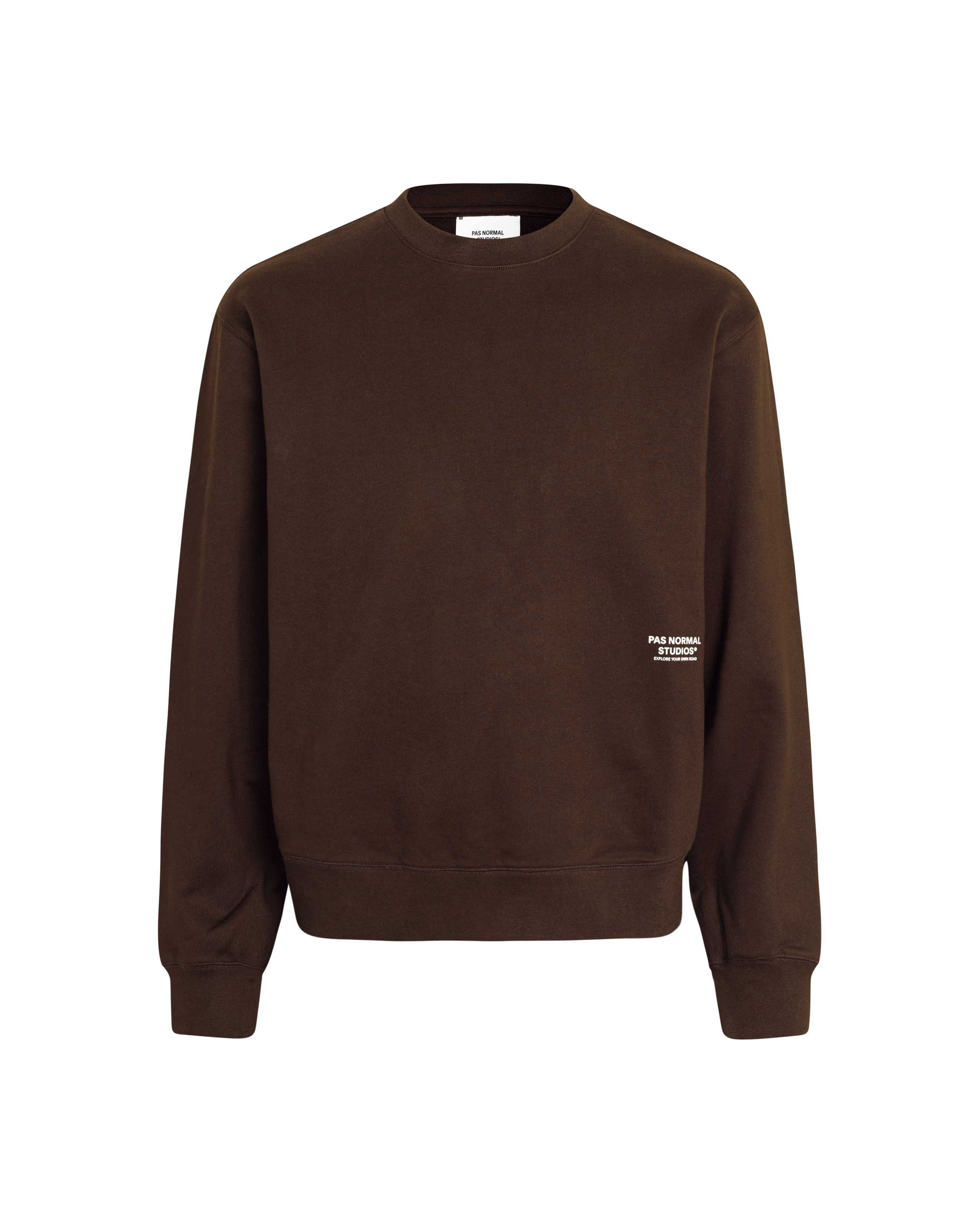 Brown Off-Race sweatshirt, front view with white logo print on lower right