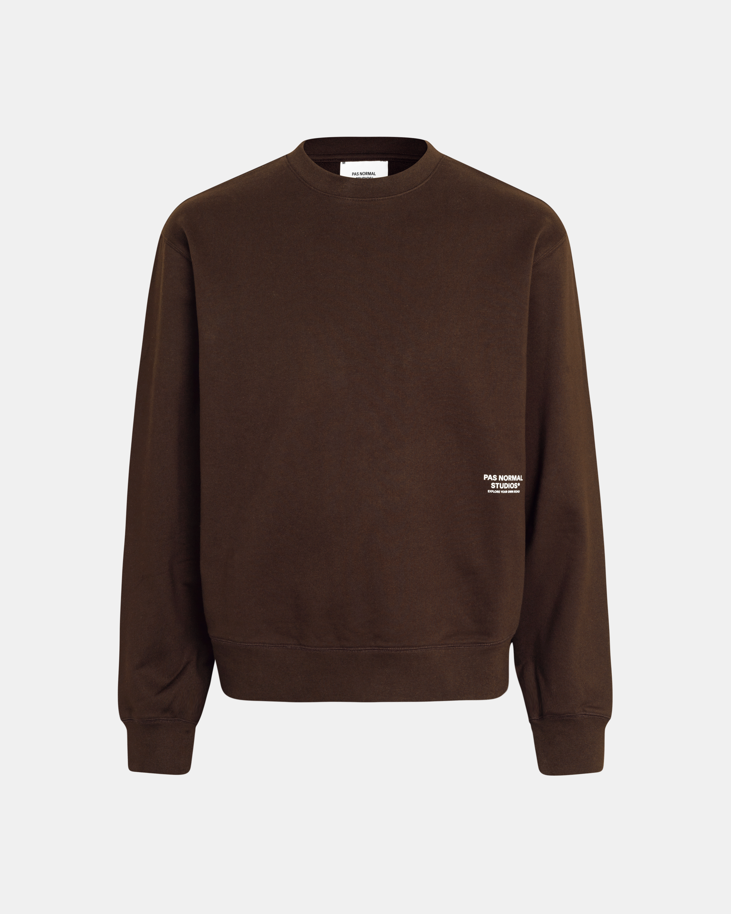 Brown Off-Race sweatshirt, front view with white logo print on lower right