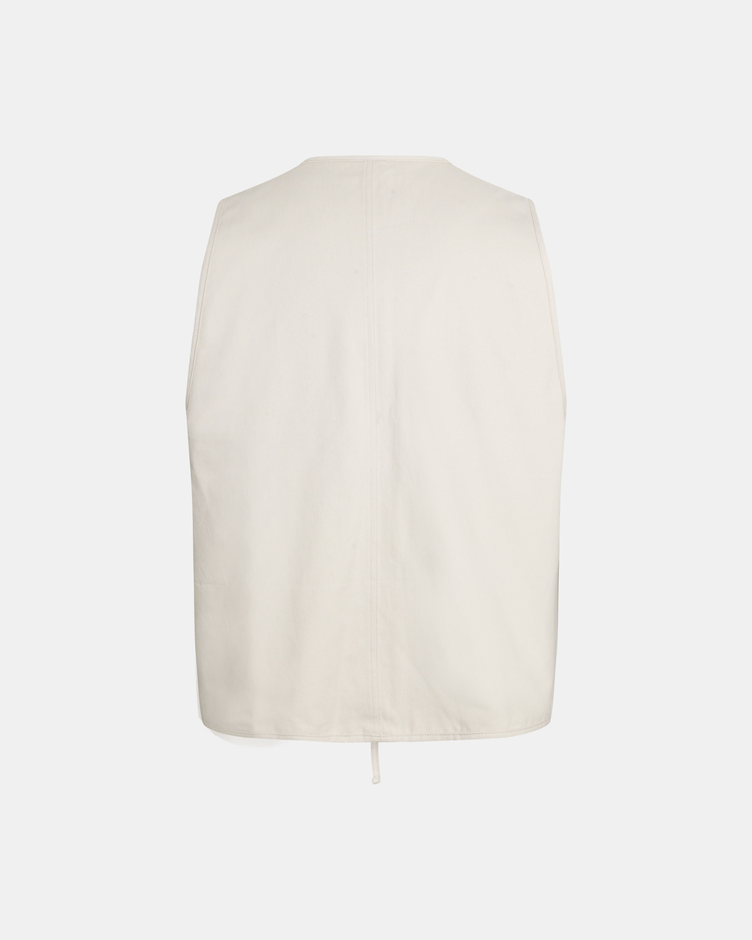 Limestone Off-Race Cotton Twill vest, rear flat lay with drawstring hem
