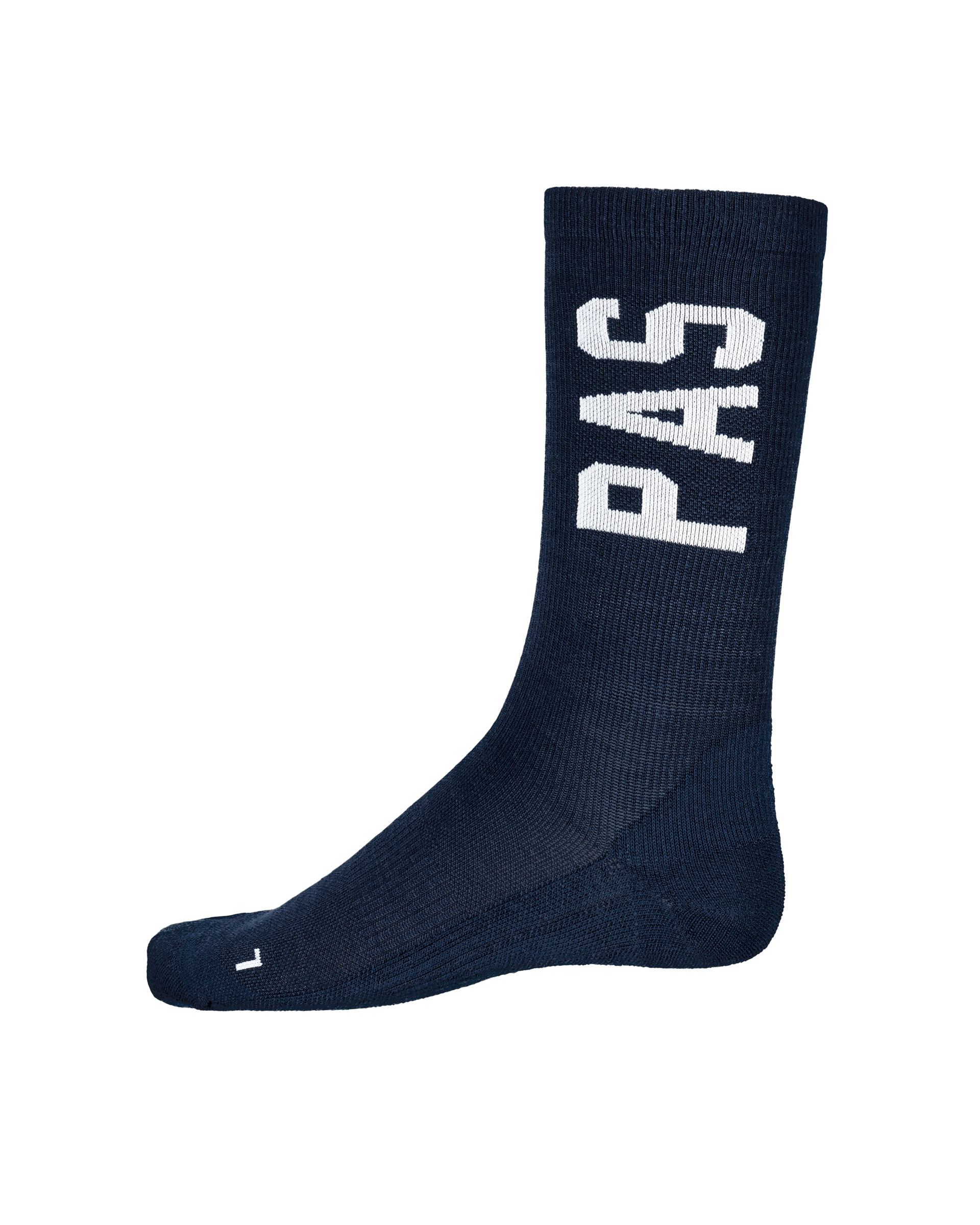 Navy PAS Thermal Wool cycling socks, side view with white logo