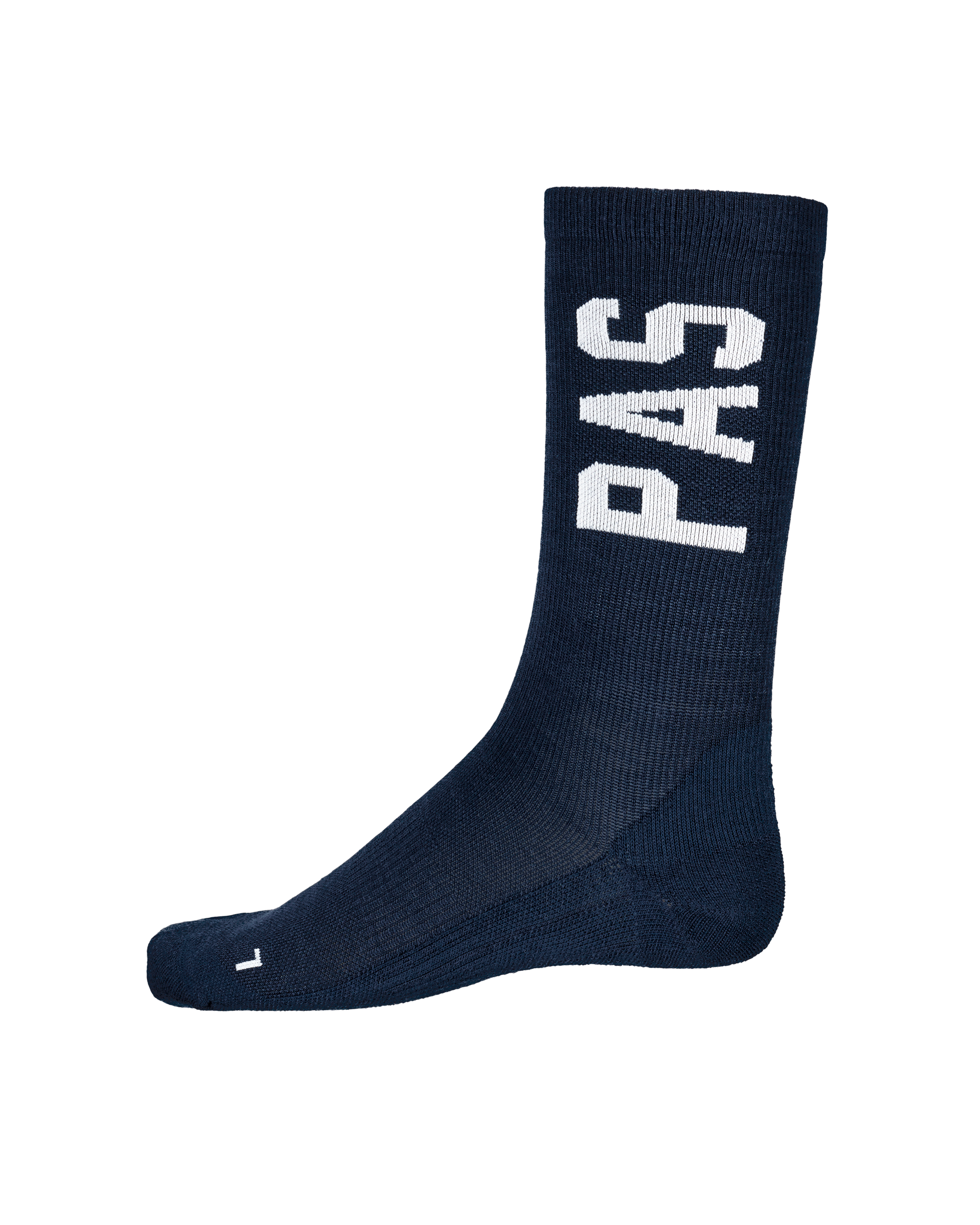 Navy PAS Thermal Wool cycling socks, side view with white logo