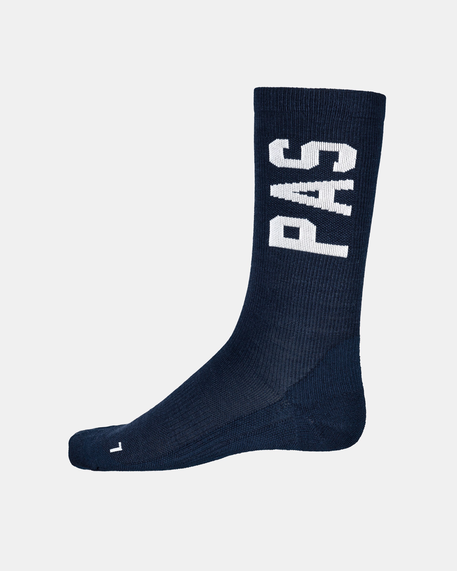 Navy PAS Thermal Wool cycling socks, side view with white logo