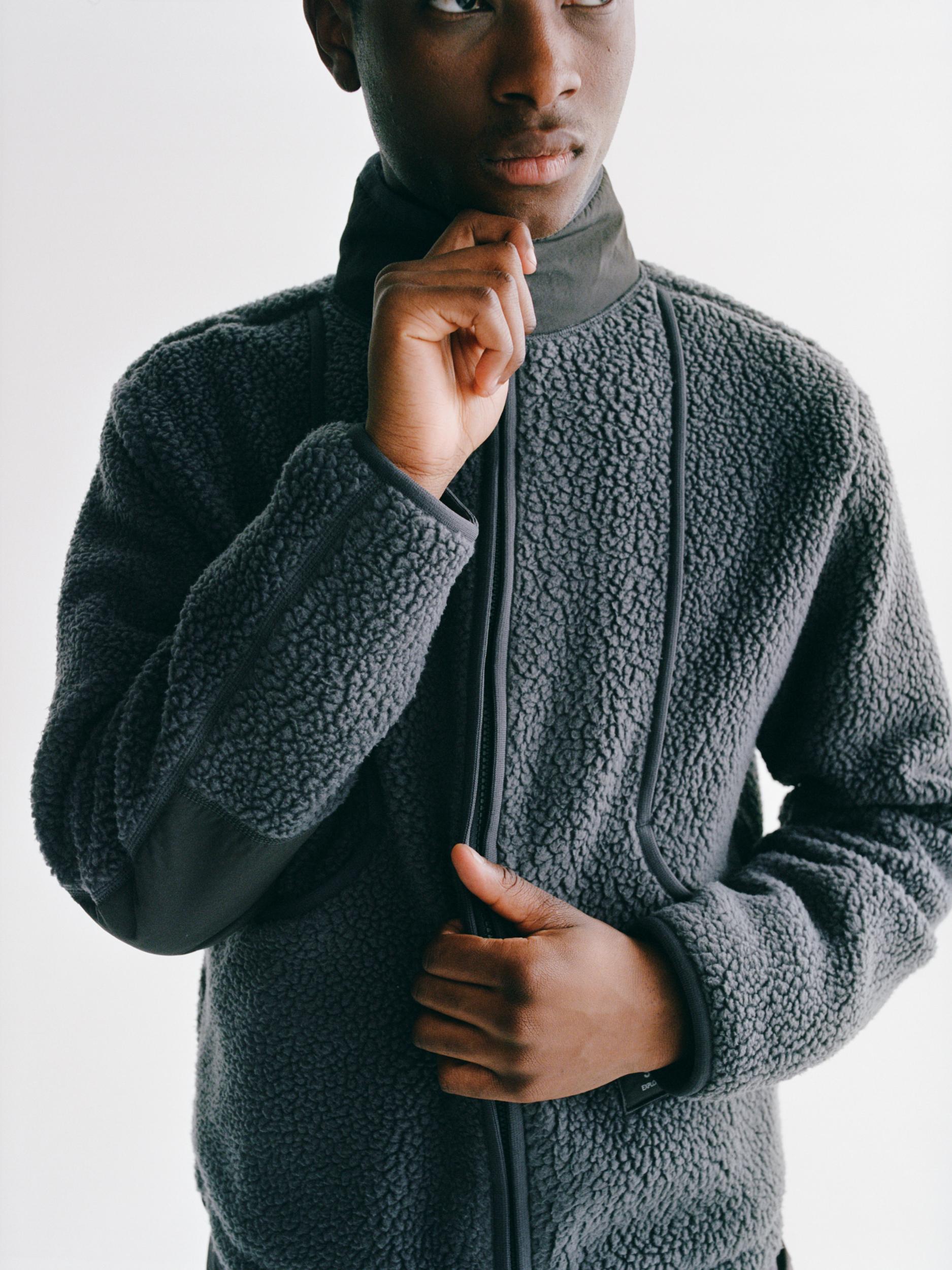 Steel Off-Race Pile Fleece jacket on model with textured fleece exterior and full zip