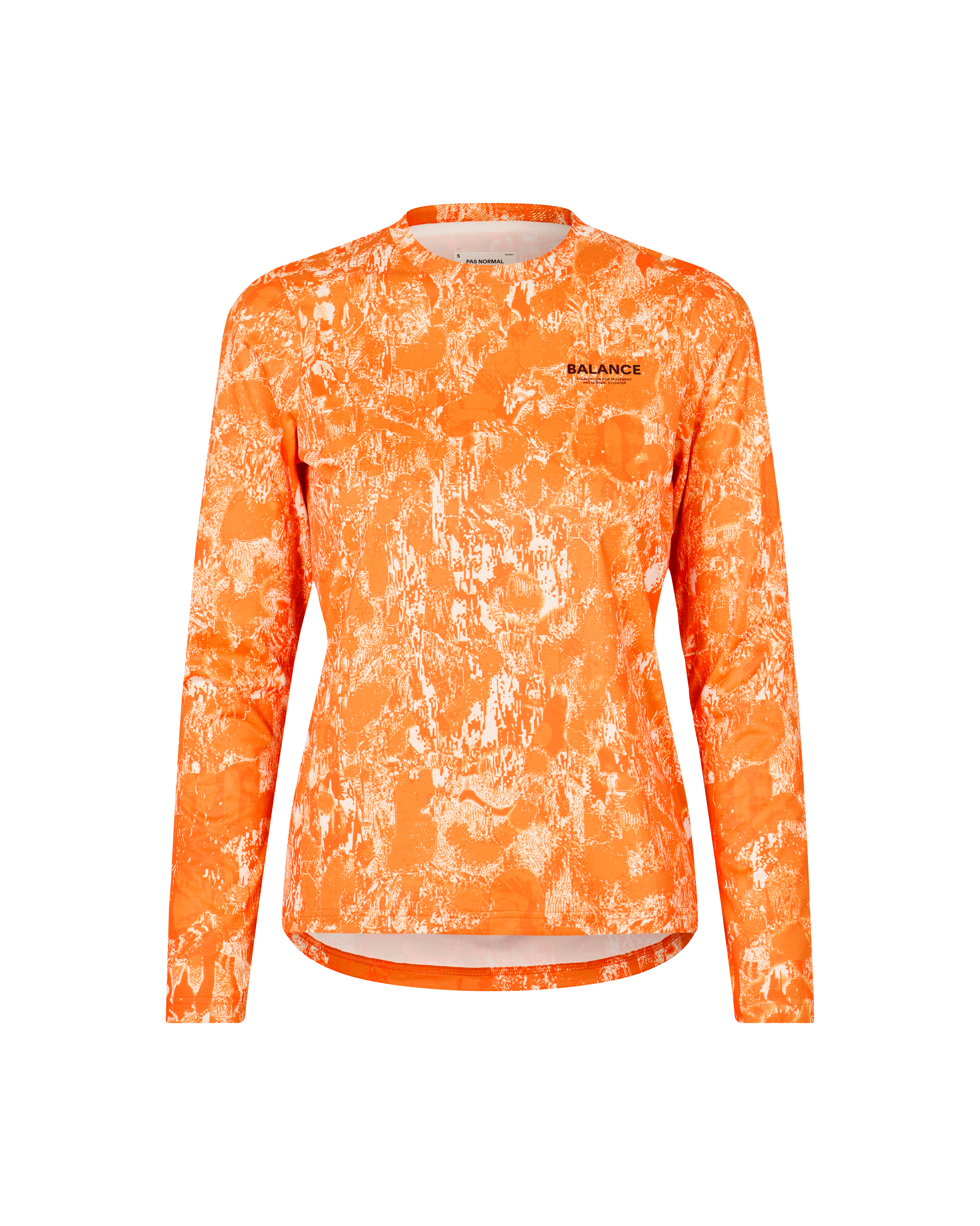 Orange Balance long sleeve t-shirt, front view with white abstract print pattern