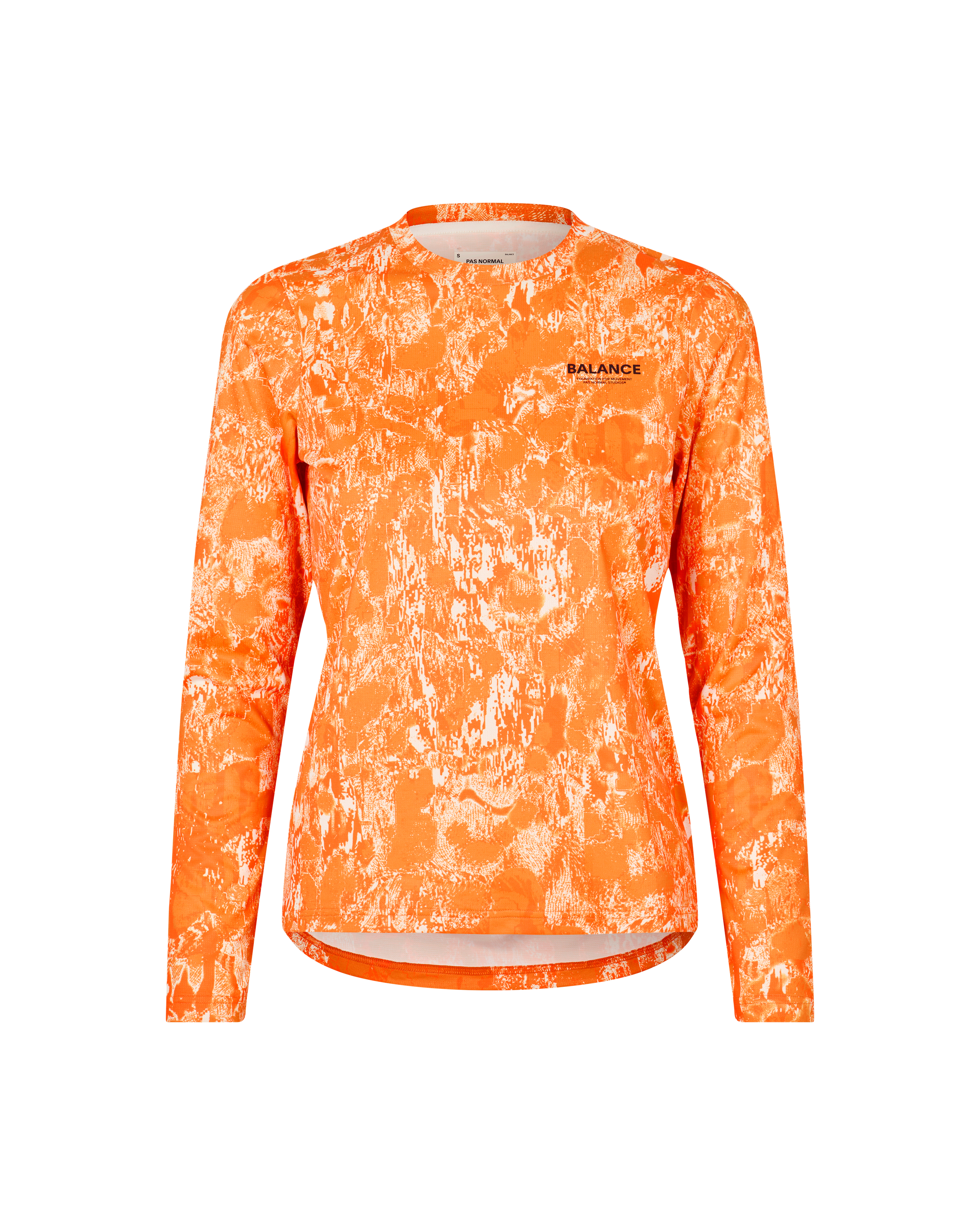 Orange Balance long sleeve t-shirt, front view with white abstract print pattern