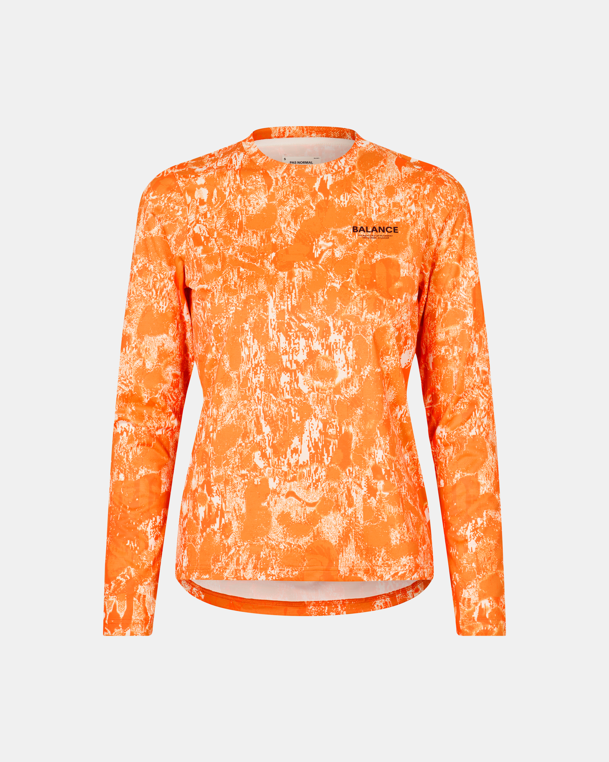 Orange Balance long sleeve t-shirt, front view with white abstract print pattern