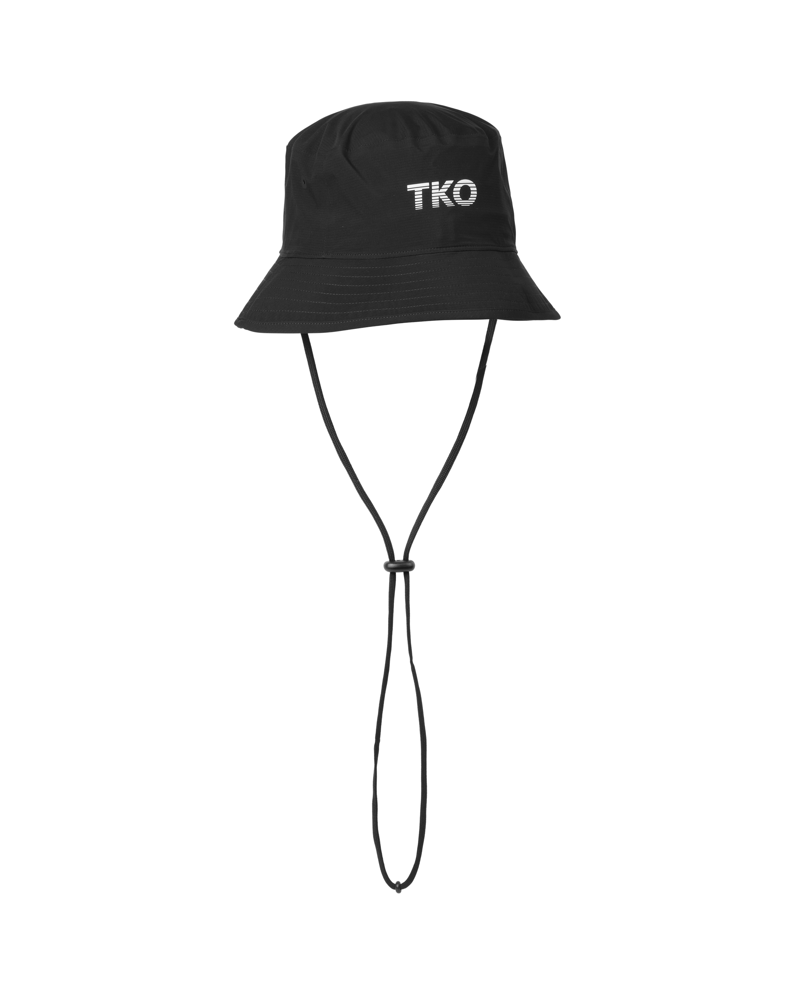 Black T.K.O. Off-Race Shield bucket hat, front view with white TKO logo print and chin cord