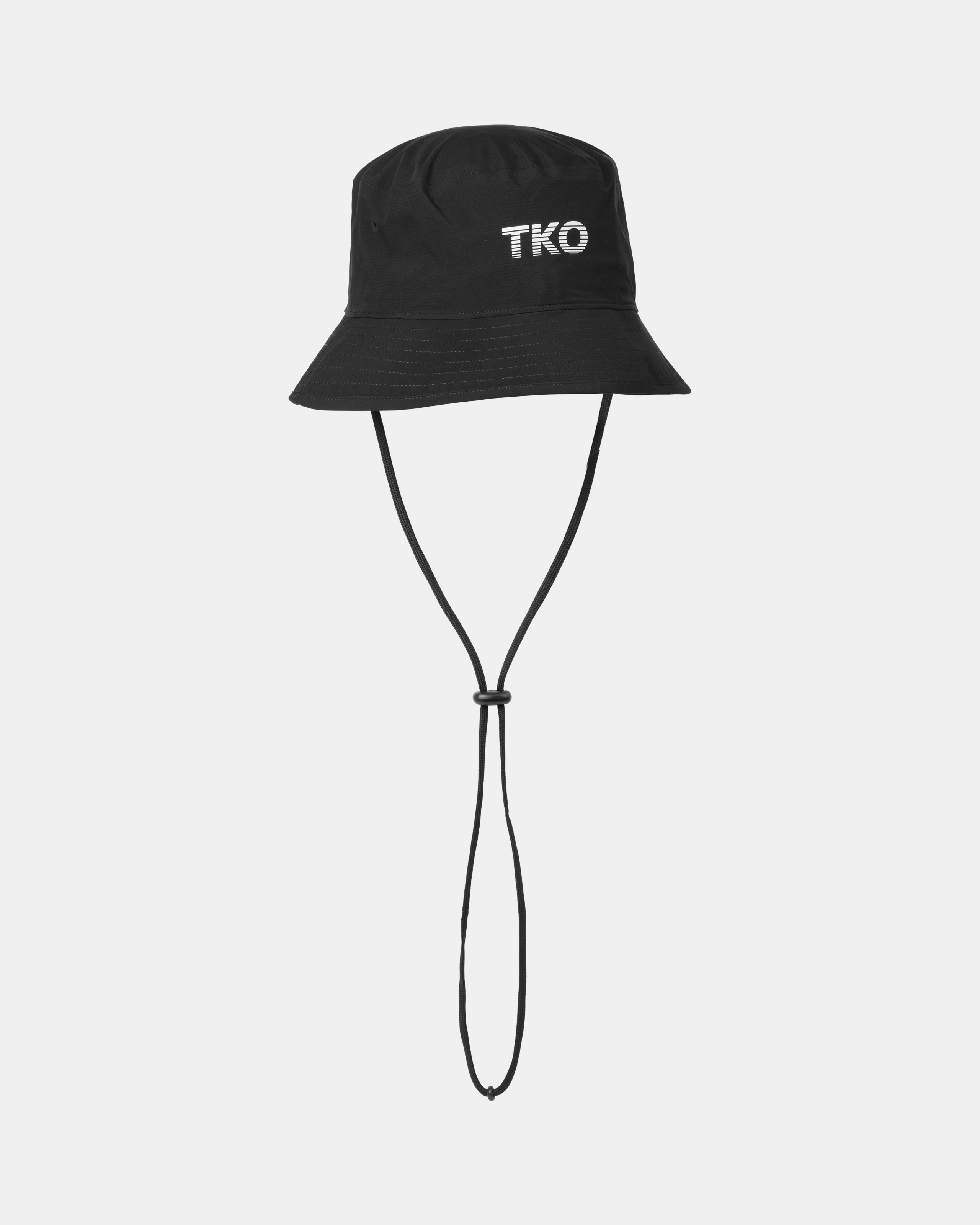 Black T.K.O. Off-Race Shield bucket hat, front view with white TKO logo print and chin cord