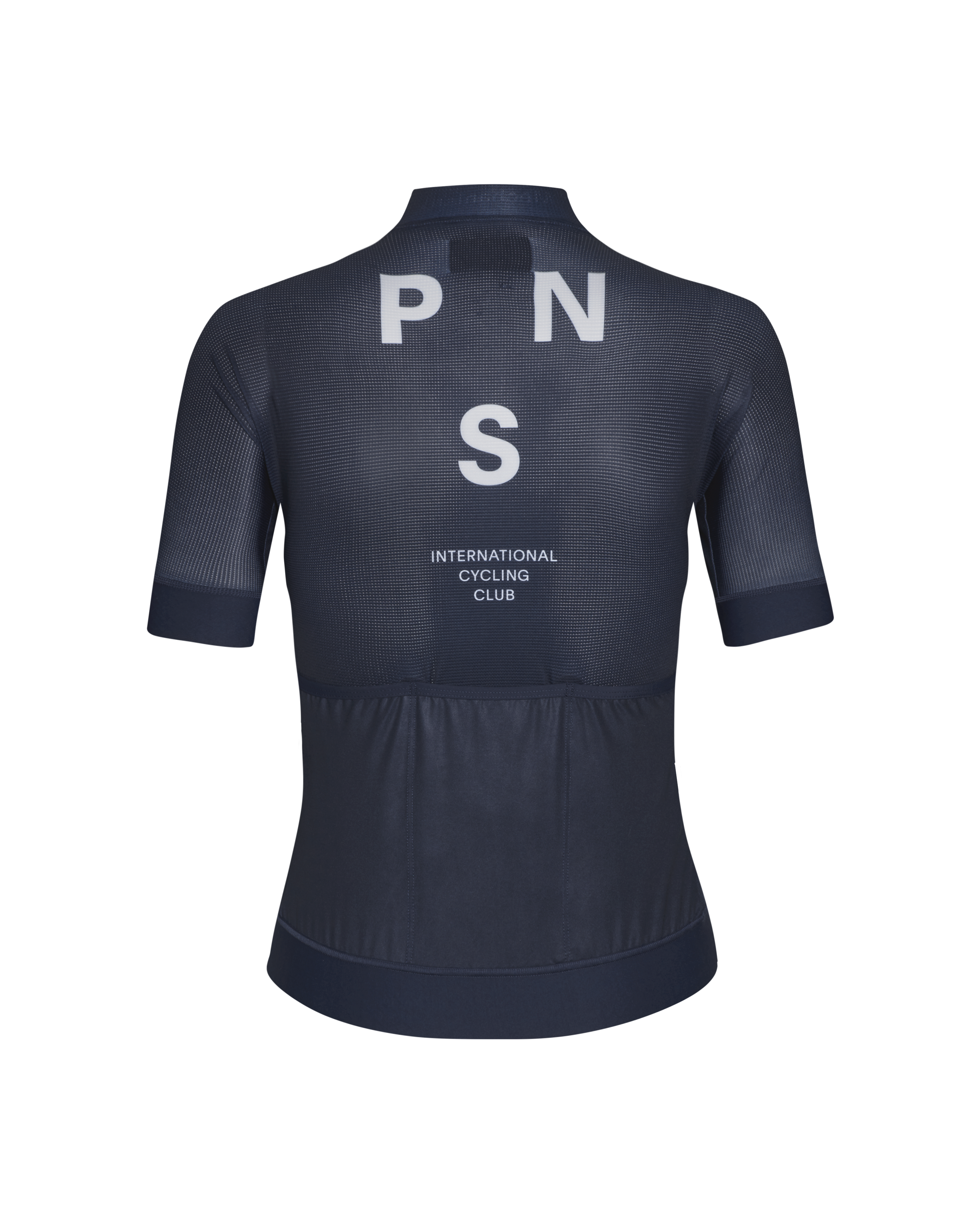 Navy Mechanism cycling jersey, rear view with white PNS logo and International Cycling Club text