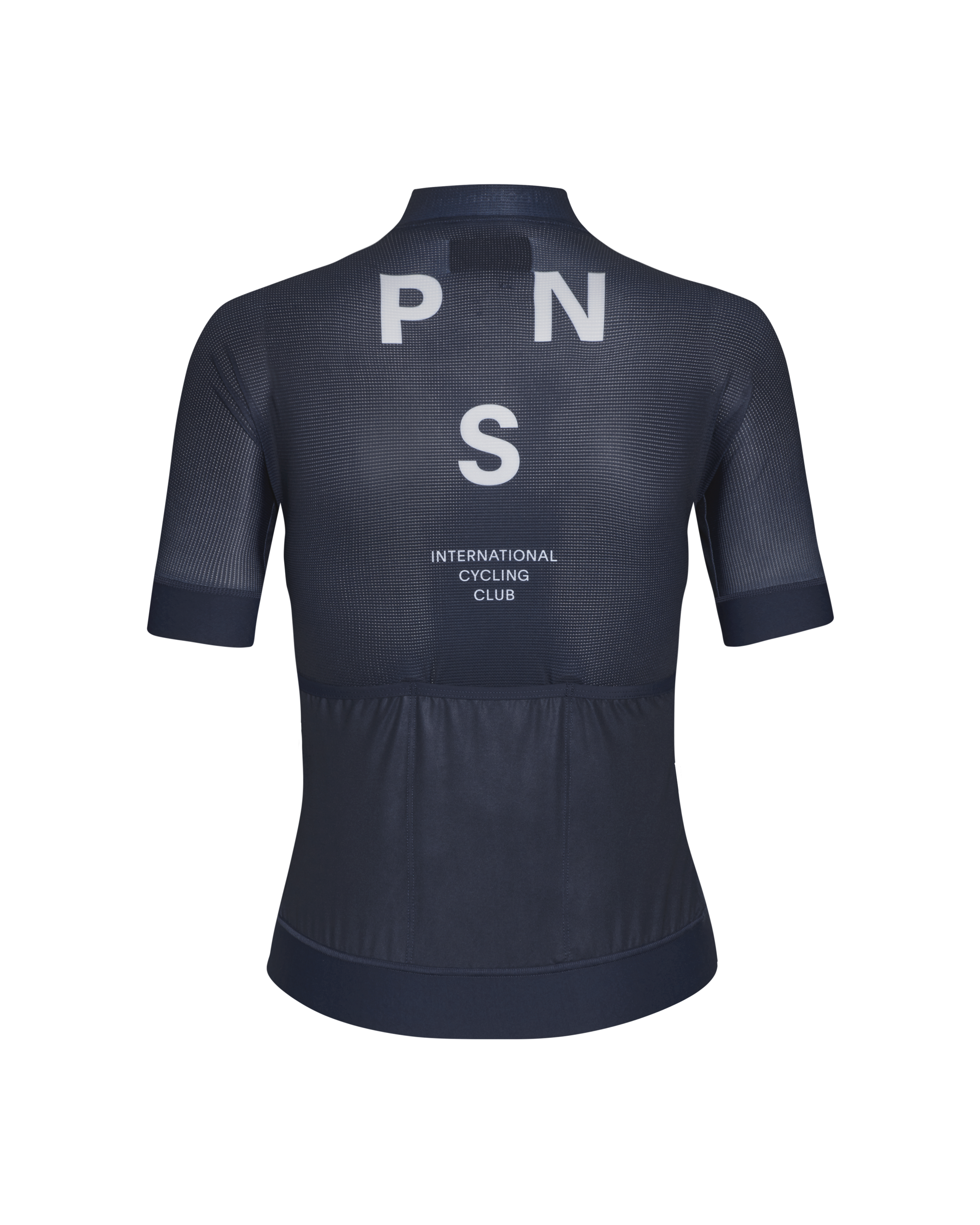 Navy Mechanism cycling jersey, rear view with white PNS logo and International Cycling Club text