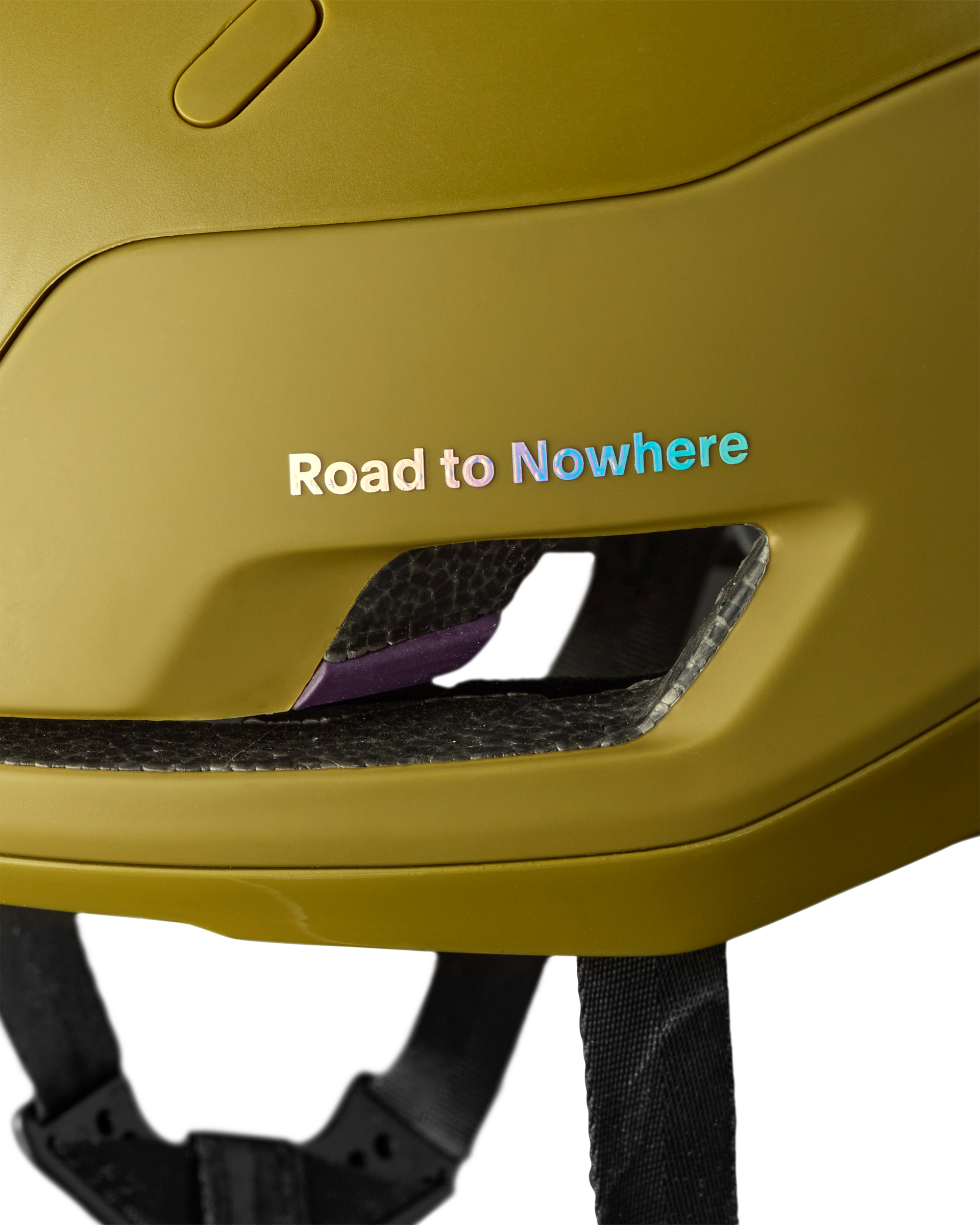 Khaki Green Sweet Protection Falconer Aero2Vi cycling helmet, side detail view with Road to Nowhere text