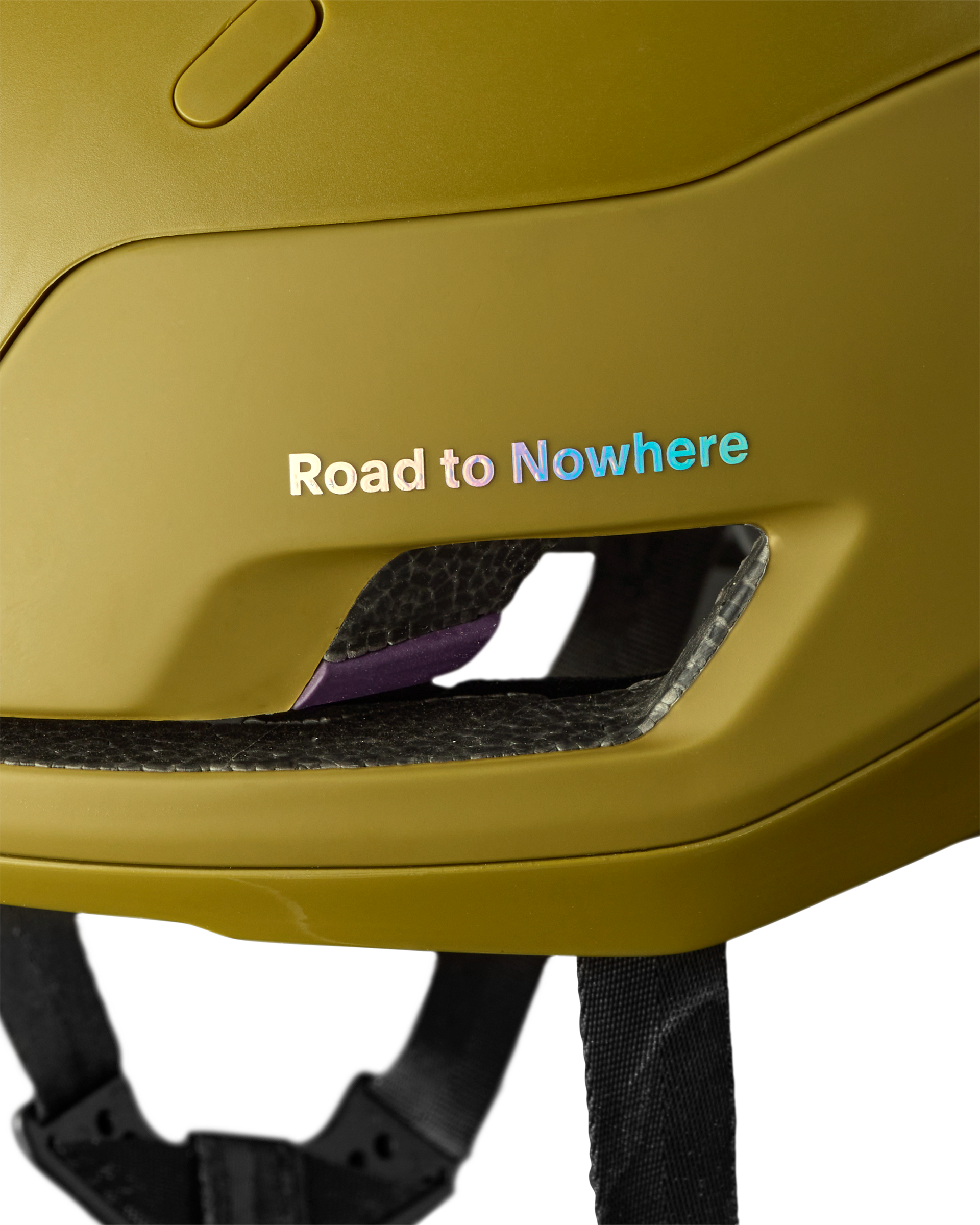 Khaki Green Sweet Protection Falconer Aero2Vi cycling helmet, side detail view with Road to Nowhere text