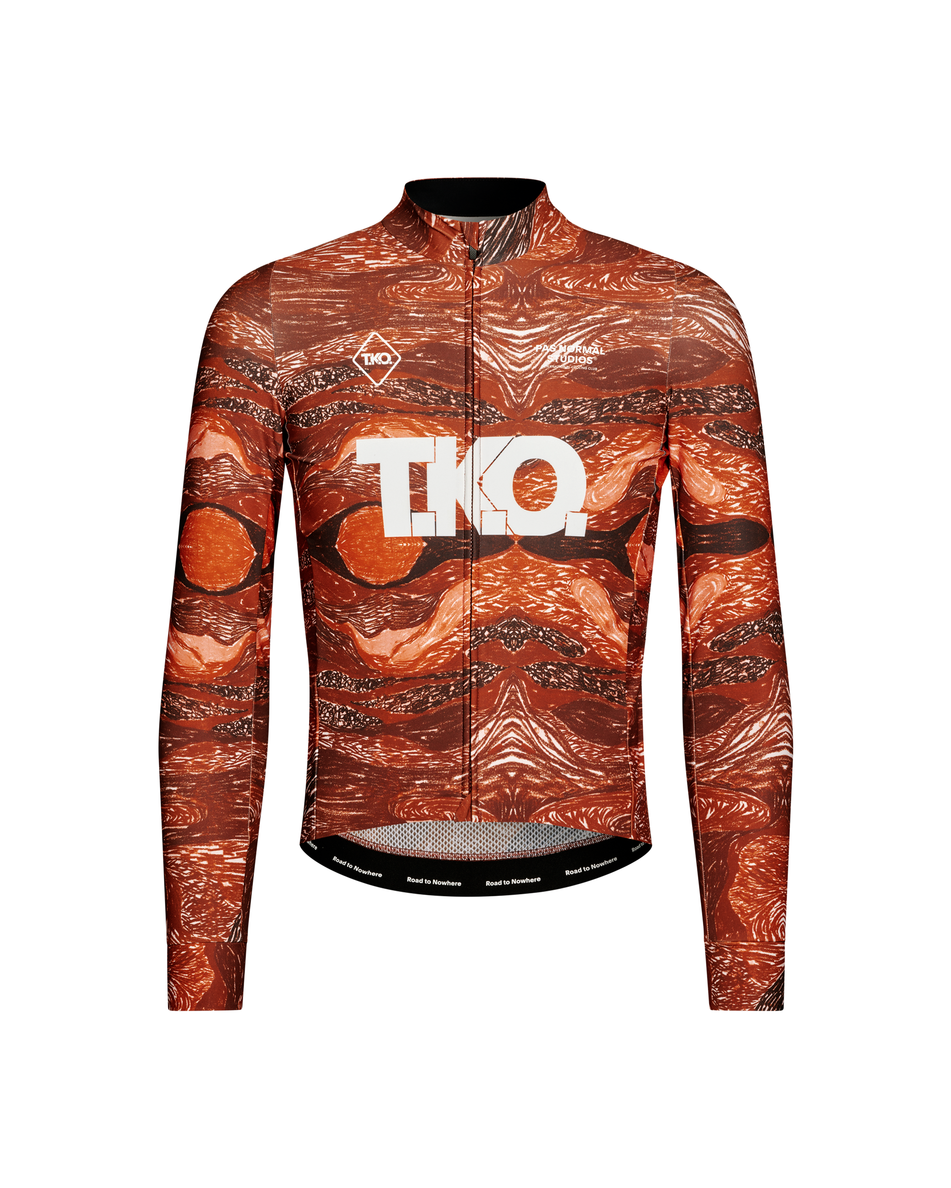 Red T.K.O. long sleeve cycling jersey, front flat lay with all-over woven woodgrain print and white chest logo