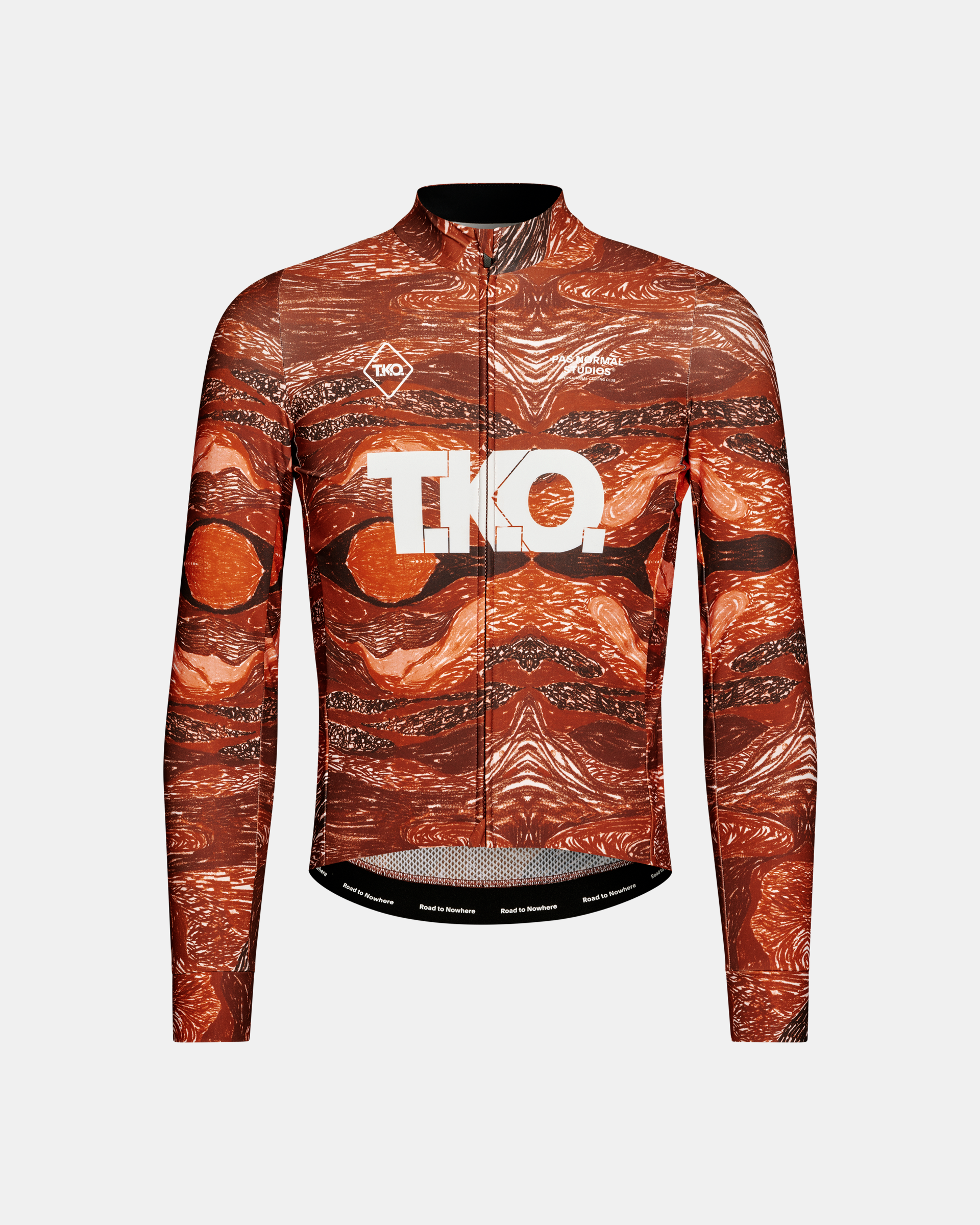Red T.K.O. long sleeve cycling jersey, front flat lay with all-over woven woodgrain print and white chest logo