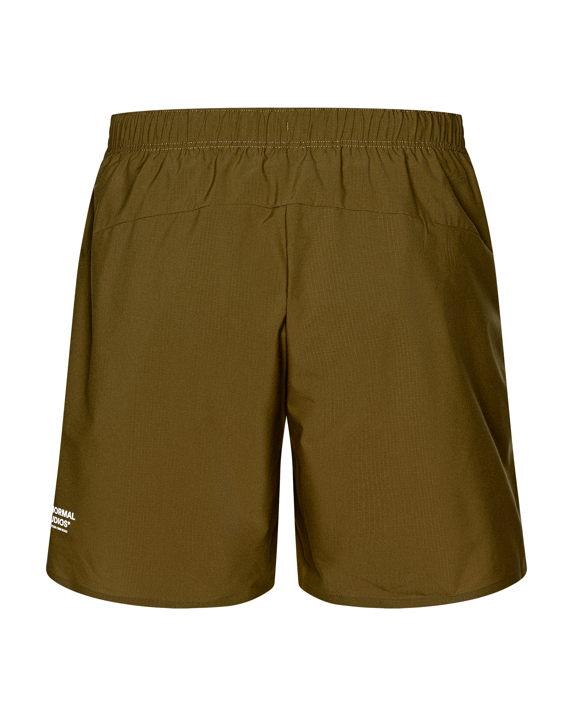 Moss Brown Balance shorts, rear flat lay with elastic waistband and back pocket