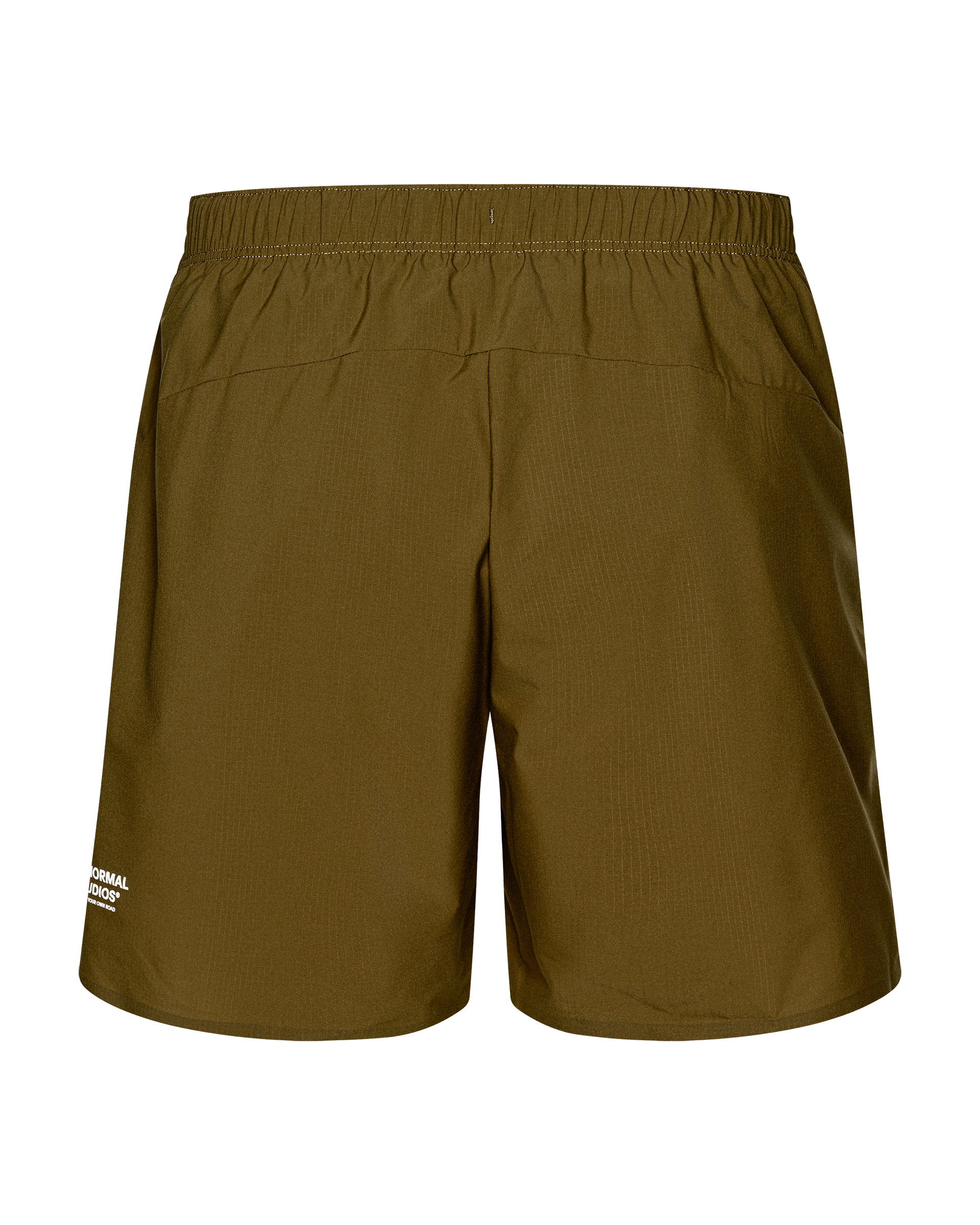 Moss Brown Balance shorts, rear flat lay with elastic waistband and back pocket