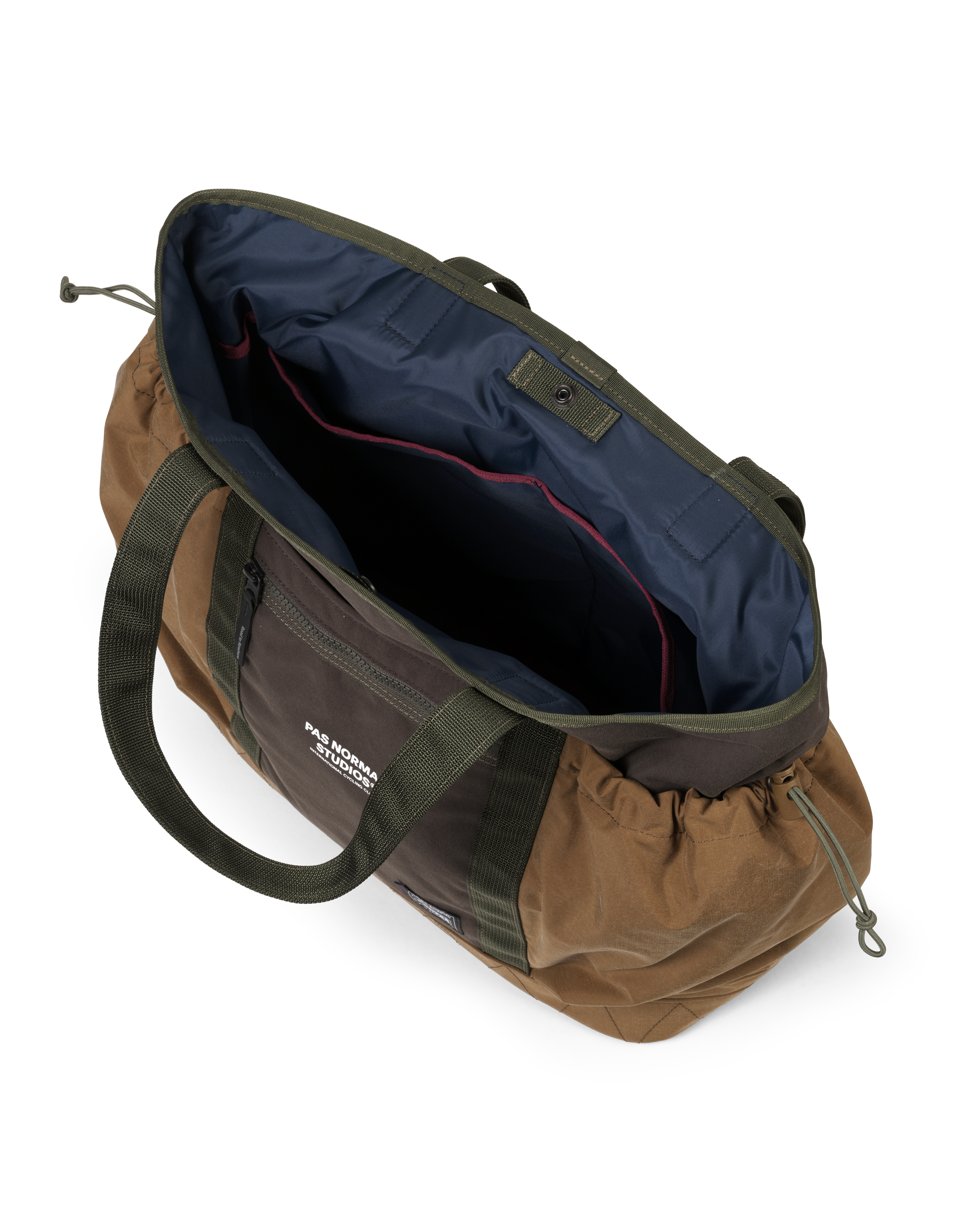Light Brown Porter-Yoshida tote bag, opened top-down view showing navy blue interior lining with red-trimmed inner pocket