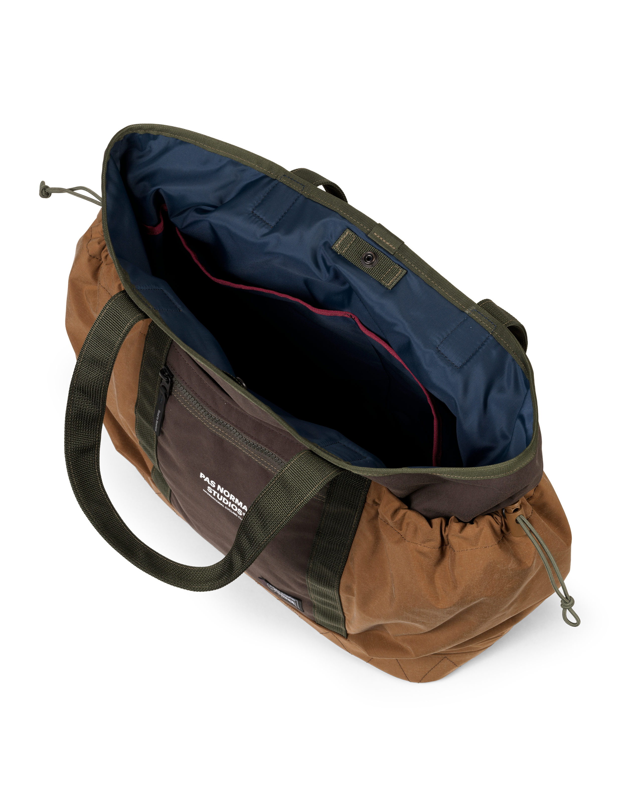 Light Brown Porter-Yoshida tote bag, opened top-down view showing navy blue interior lining with red-trimmed inner pocket