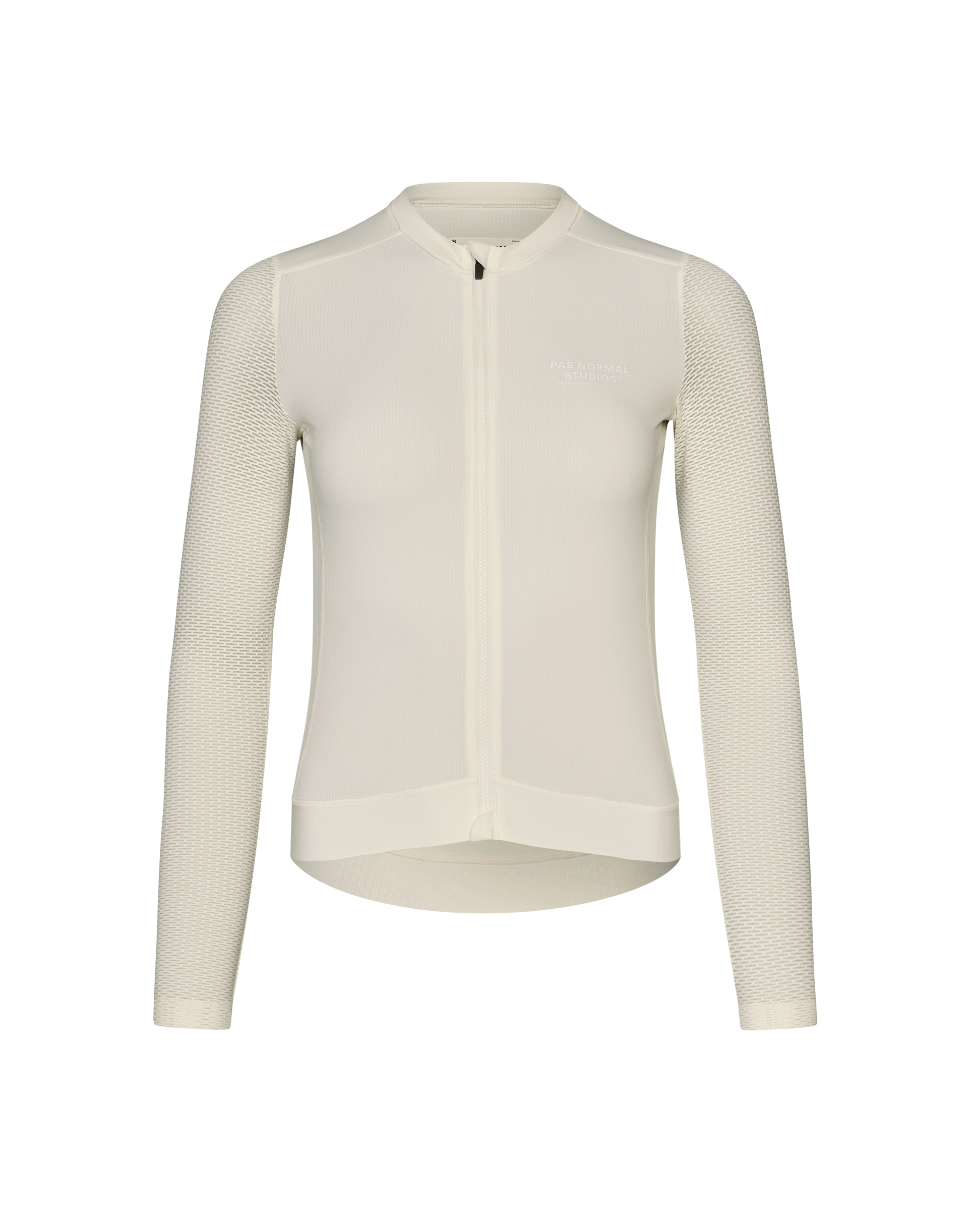 Off White Essential Light long sleeve cycling jersey, front view with textured mesh sleeves