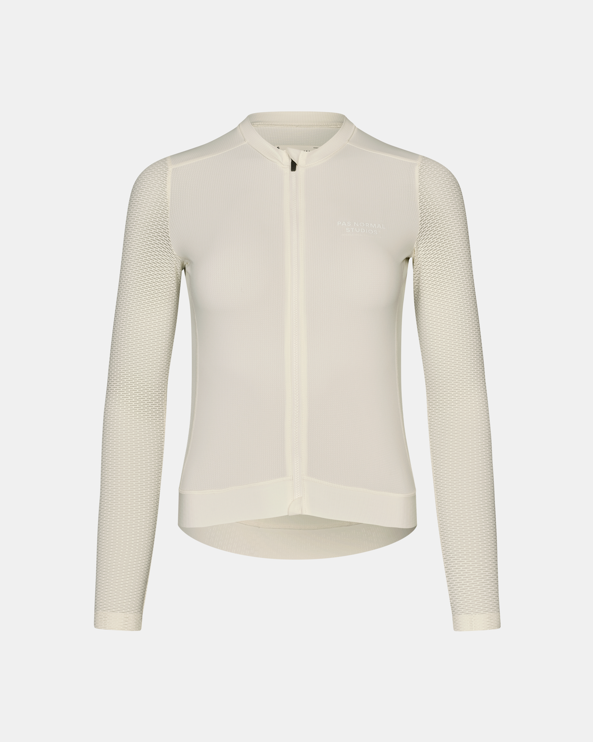 Off White Essential Light long sleeve cycling jersey, front view with textured mesh sleeves