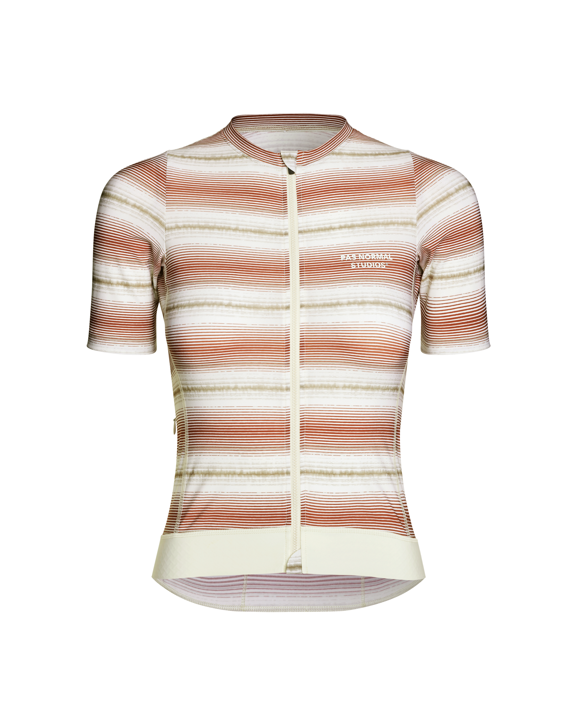 Off White Essential cycling jersey, front view with horizontal stripe pattern