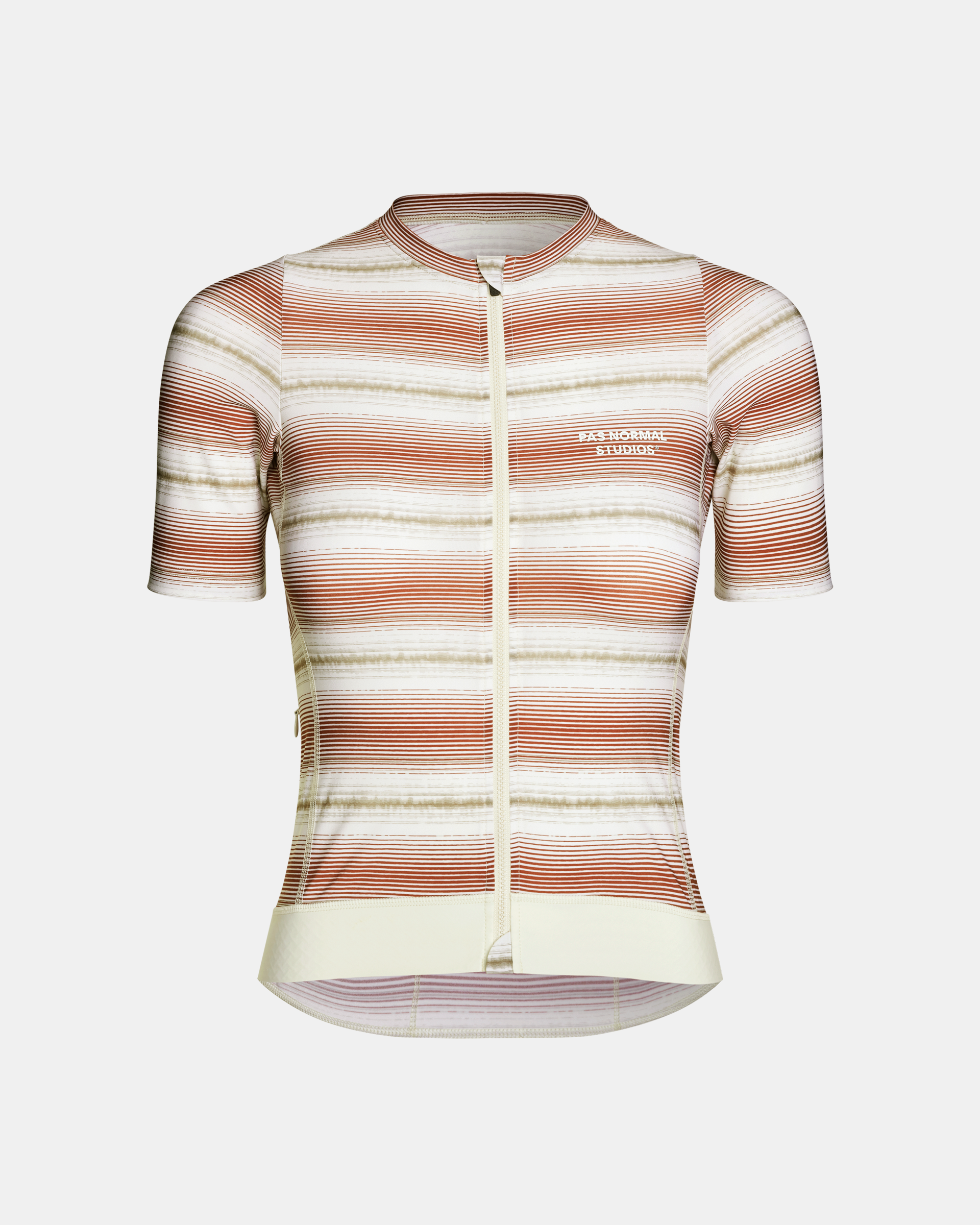 Off White Essential cycling jersey, front view with horizontal stripe pattern