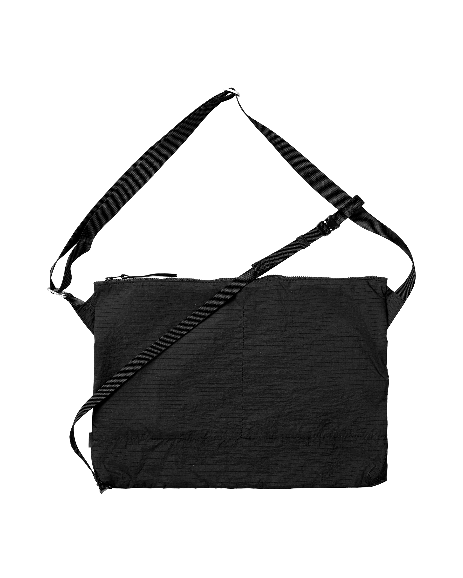 Black Off-Race Tech Musette 2.0 bag, front flat lay with adjustable crossbody strap and top zip