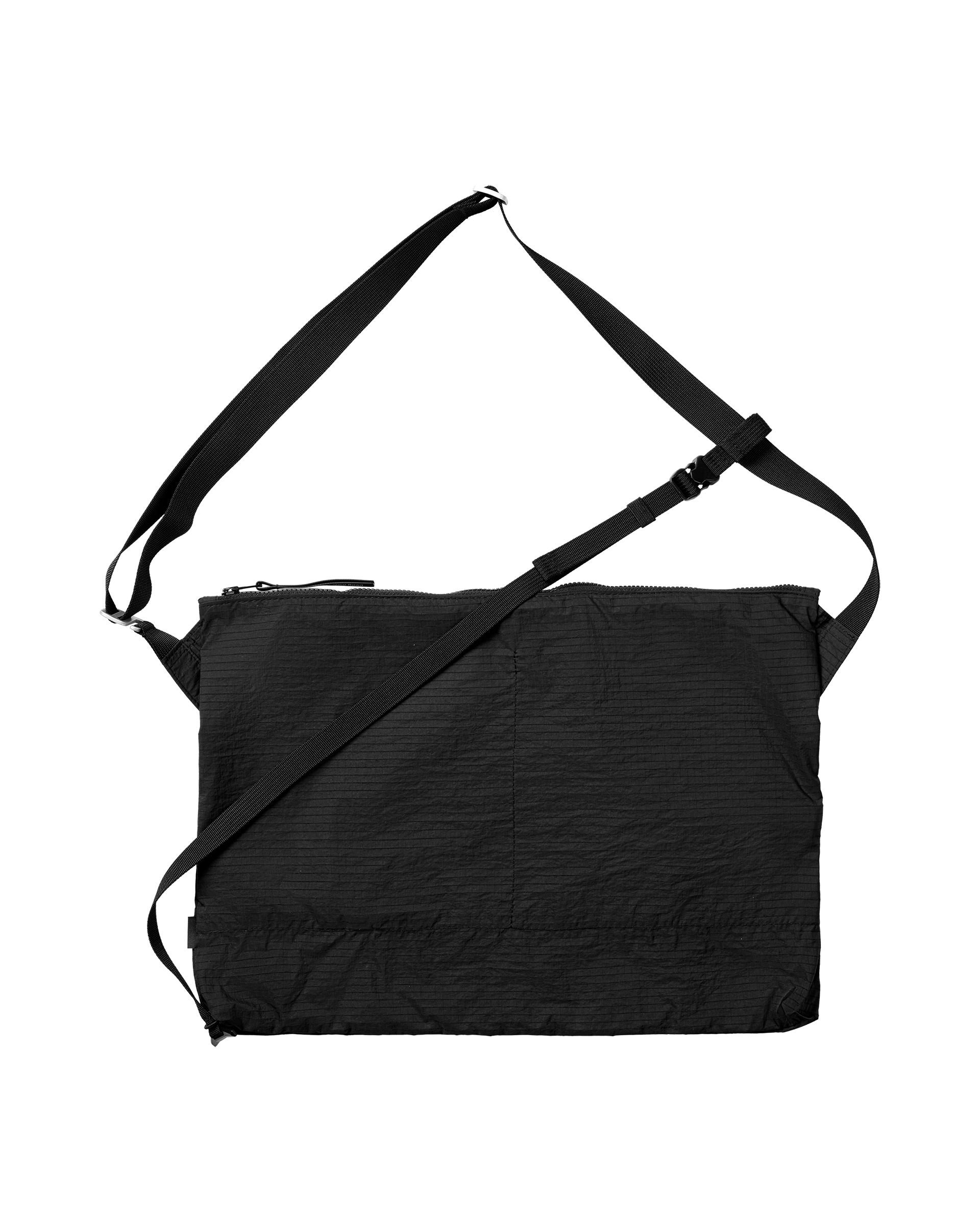Black Off-Race Tech Musette 2.0 bag, front flat lay with adjustable crossbody strap and top zip