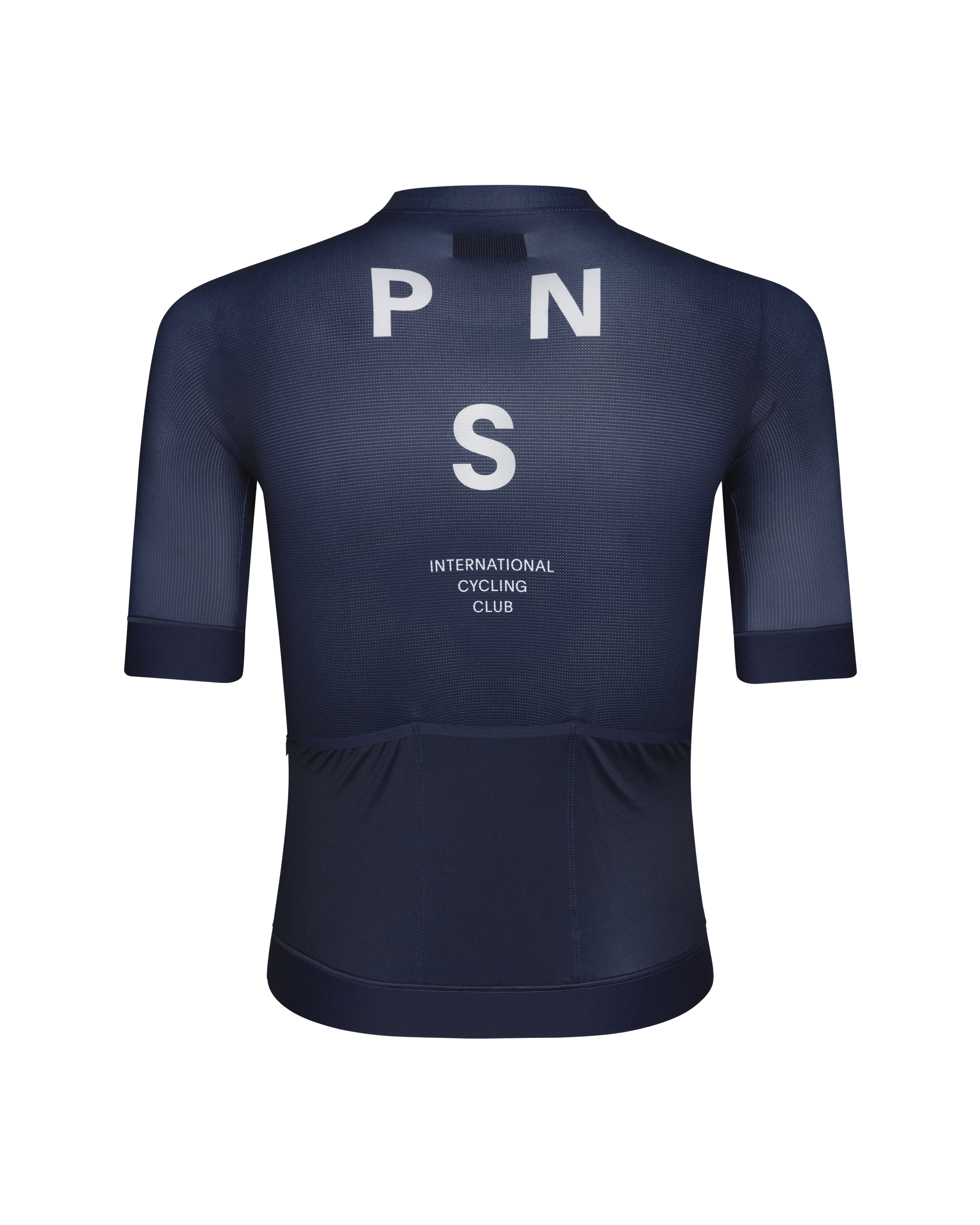 Navy Mechanism cycling jersey, rear view with white logo and text print