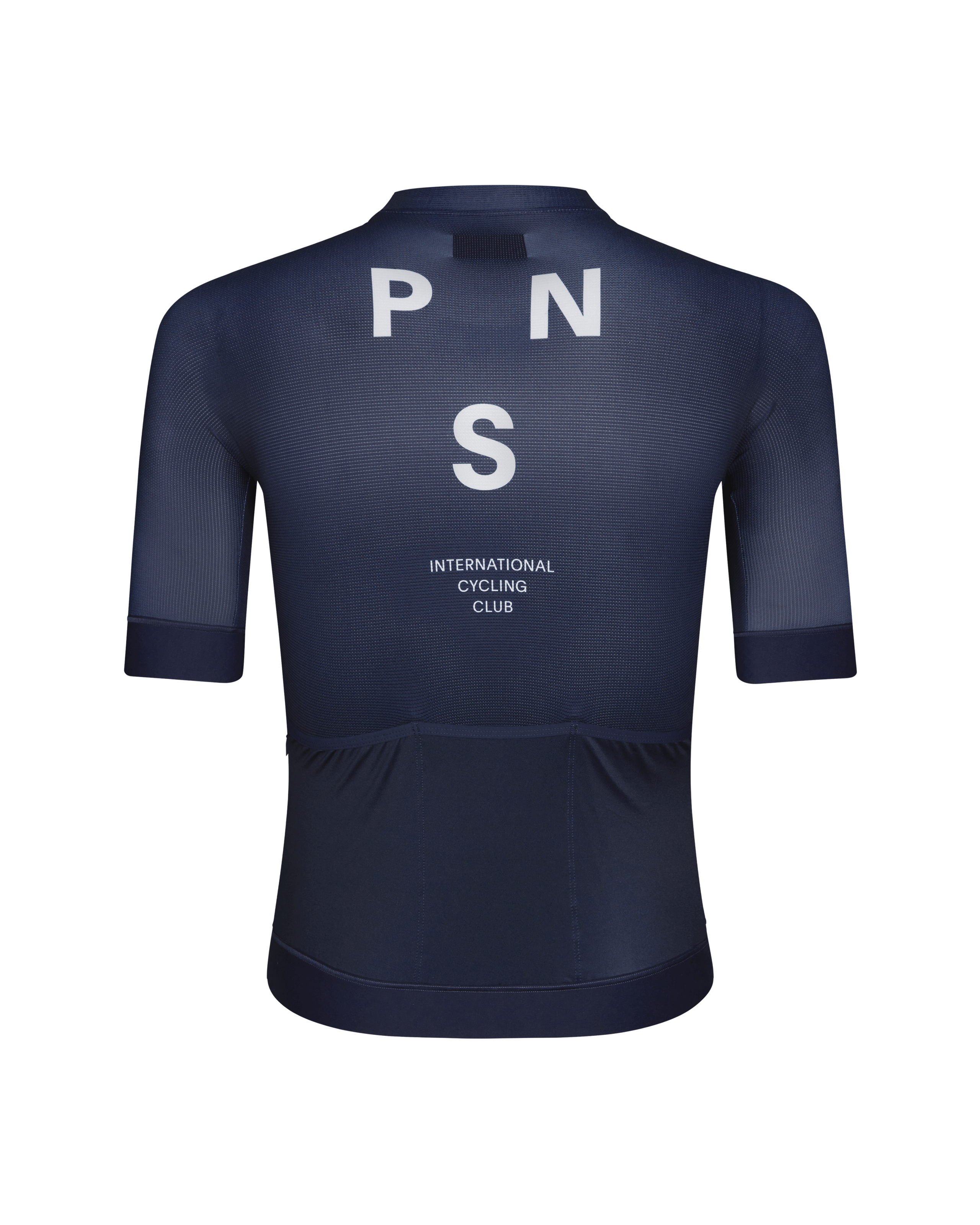 Navy Mechanism cycling jersey, rear view with white logo and text print