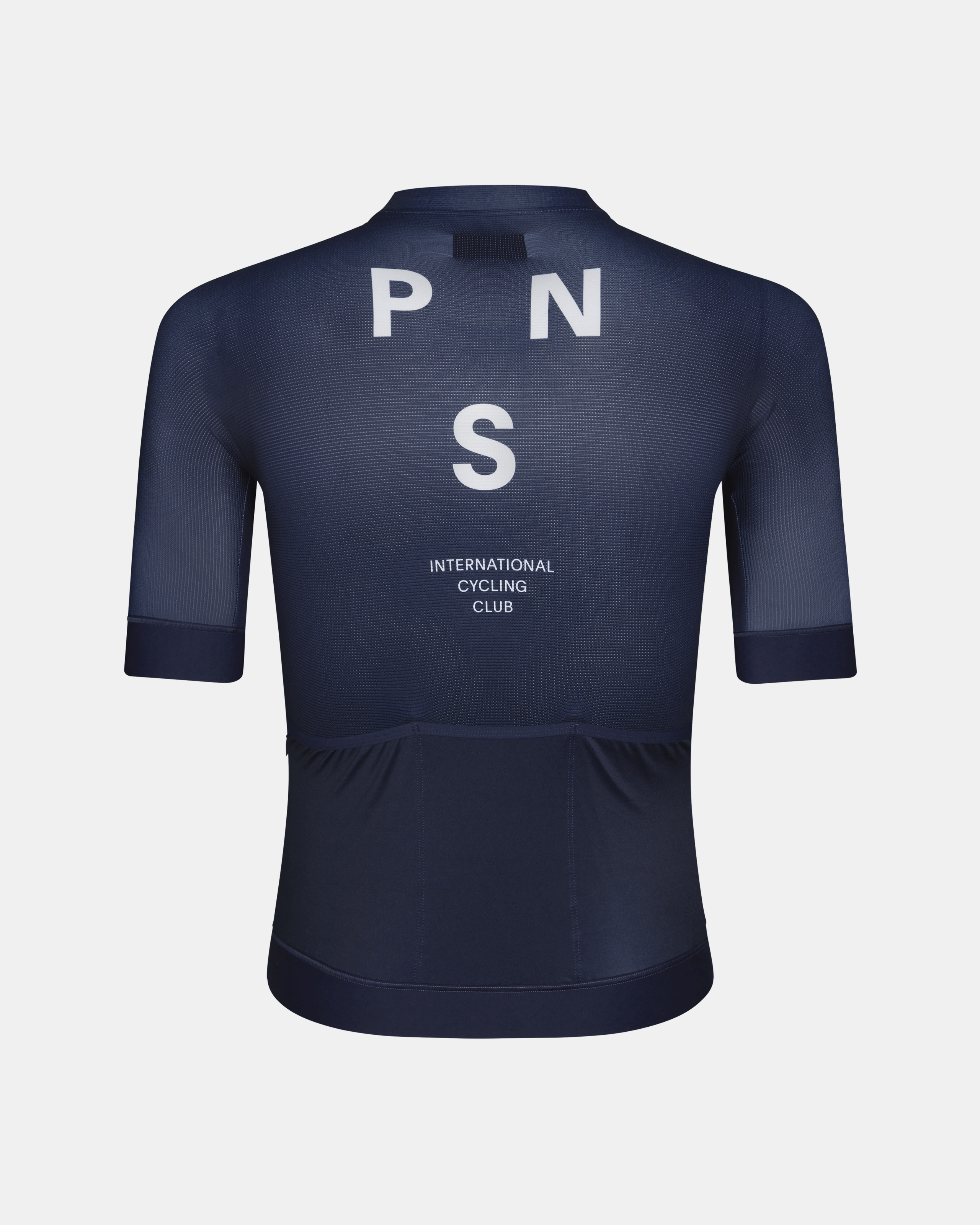 Navy Mechanism cycling jersey, rear view with white logo and text print