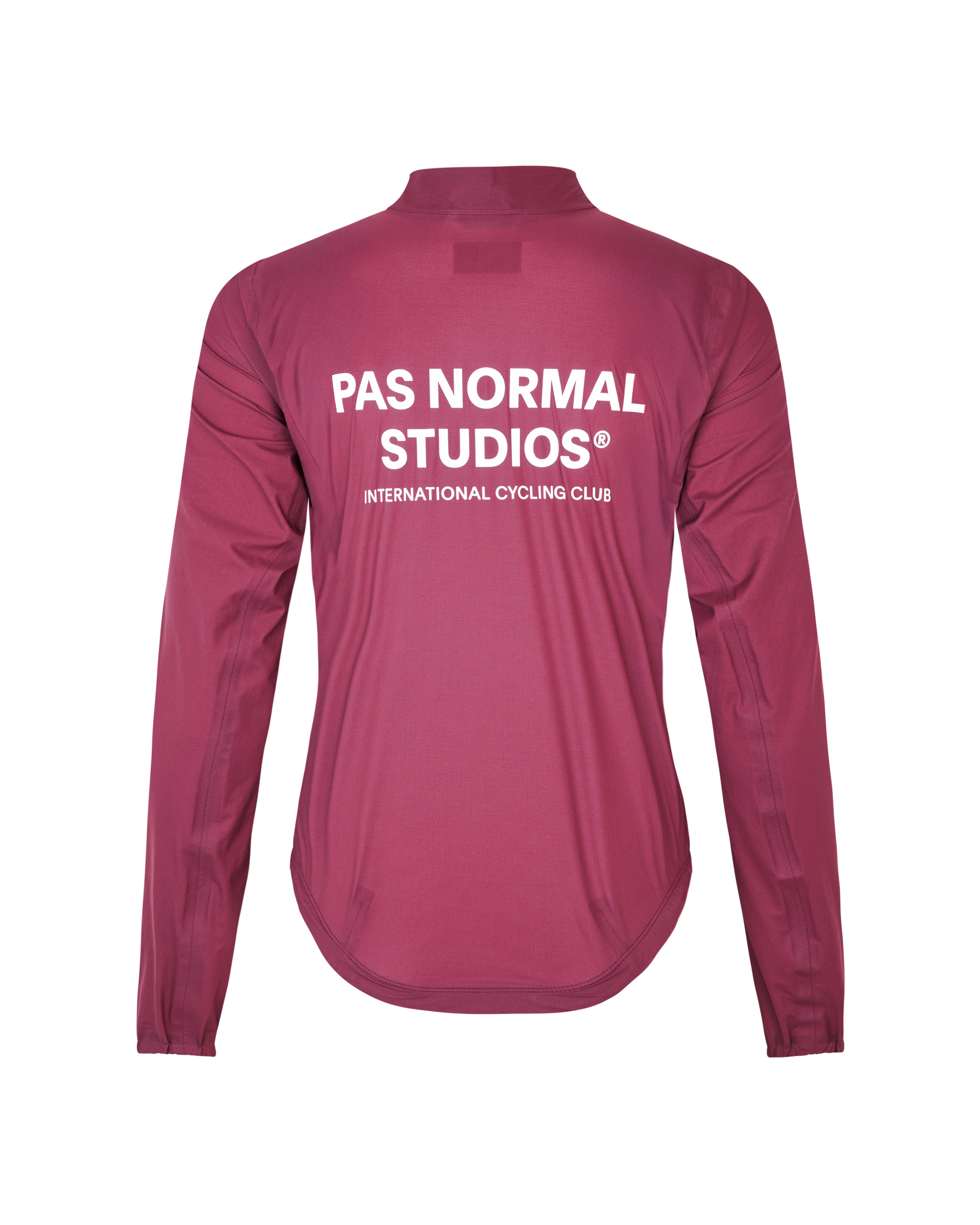 Purple Mechanism Rain cycling jacket, rear view with white back print