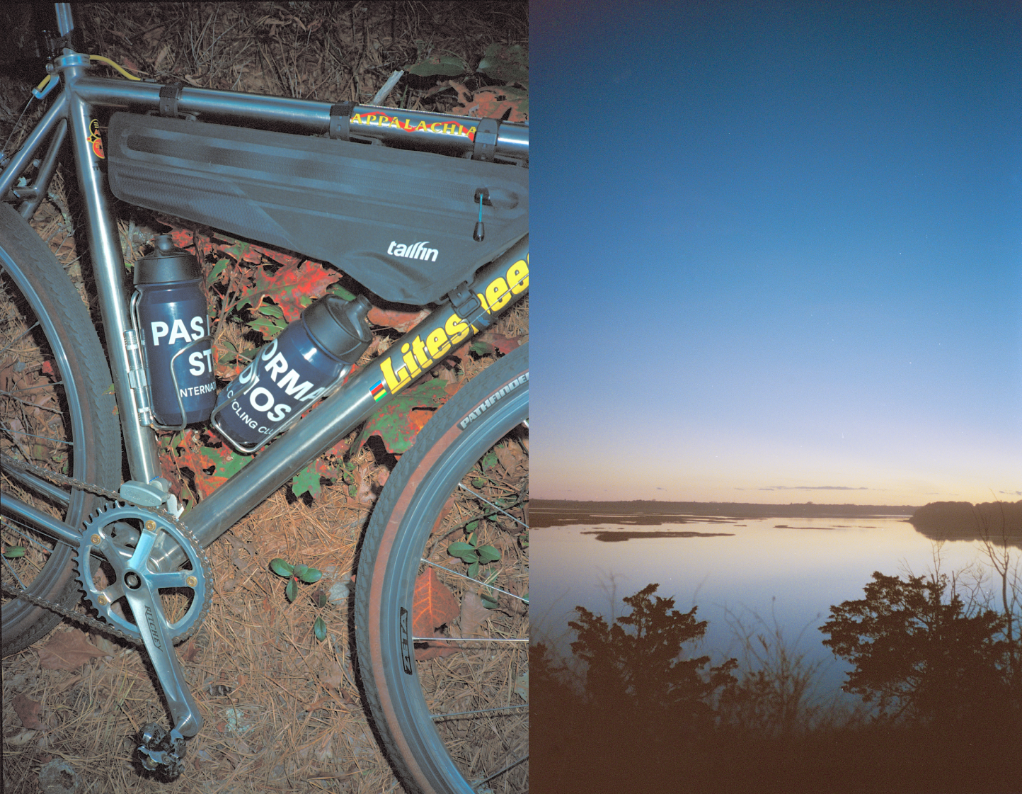 Grey road bike with frame bag positioned beside autumn foliage overlooking lake at sunset