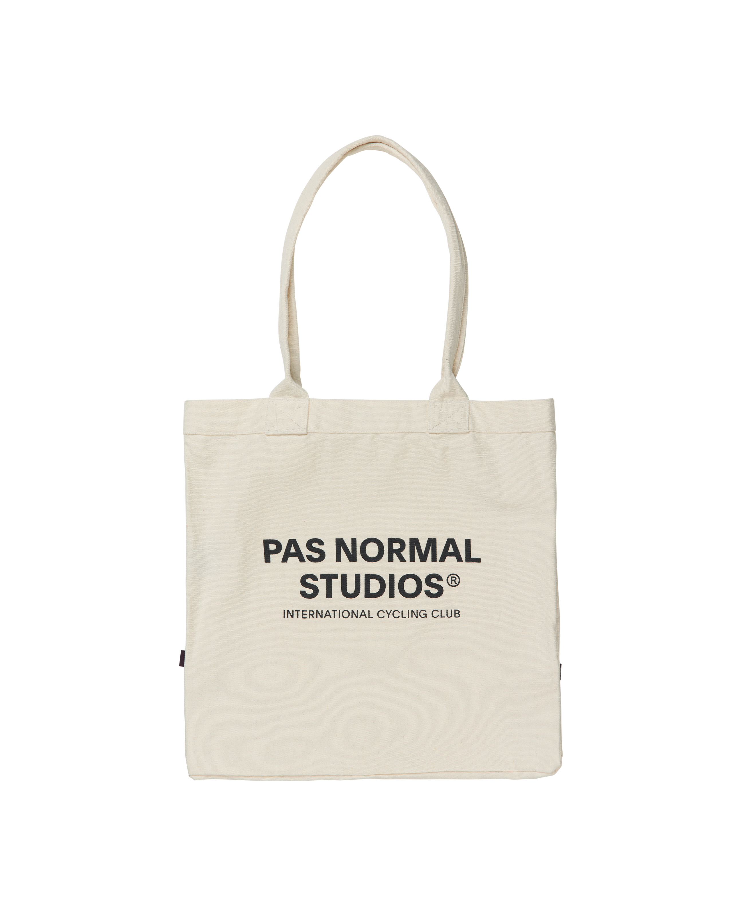 Off White Off-Race Logo tote bag, front view with black brand text and handles
