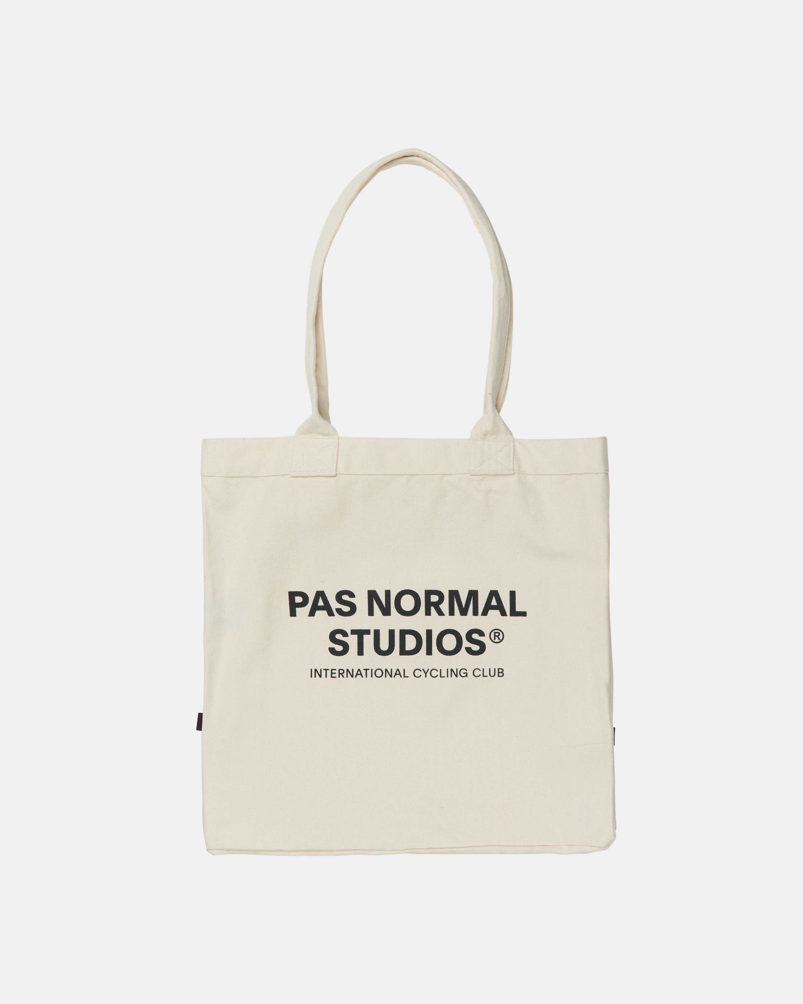 Off White Off-Race Logo tote bag, front view with black brand text and handles