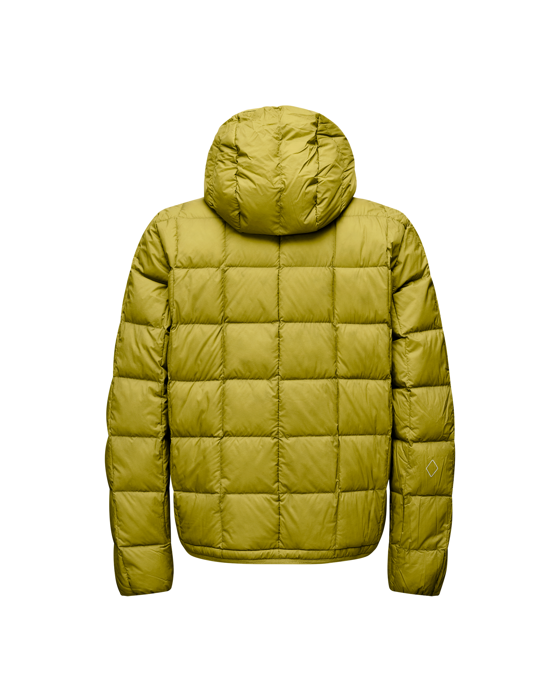 Dark Lime green Off-Race Down Liner jacket, rear flat lay with box quilting and attached hood