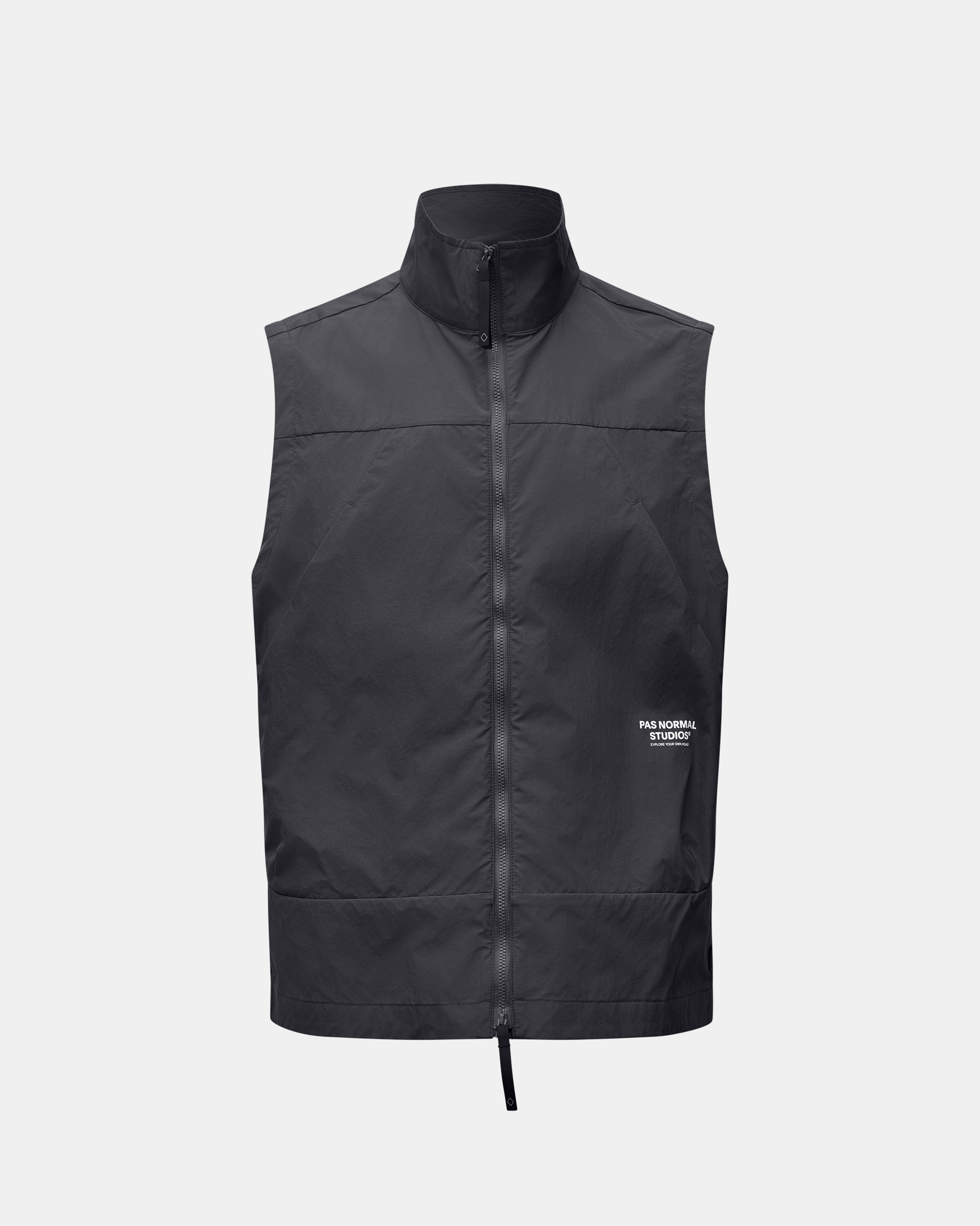 Black Off-Race Utility vest, front flat lay with full zip and white chest logo