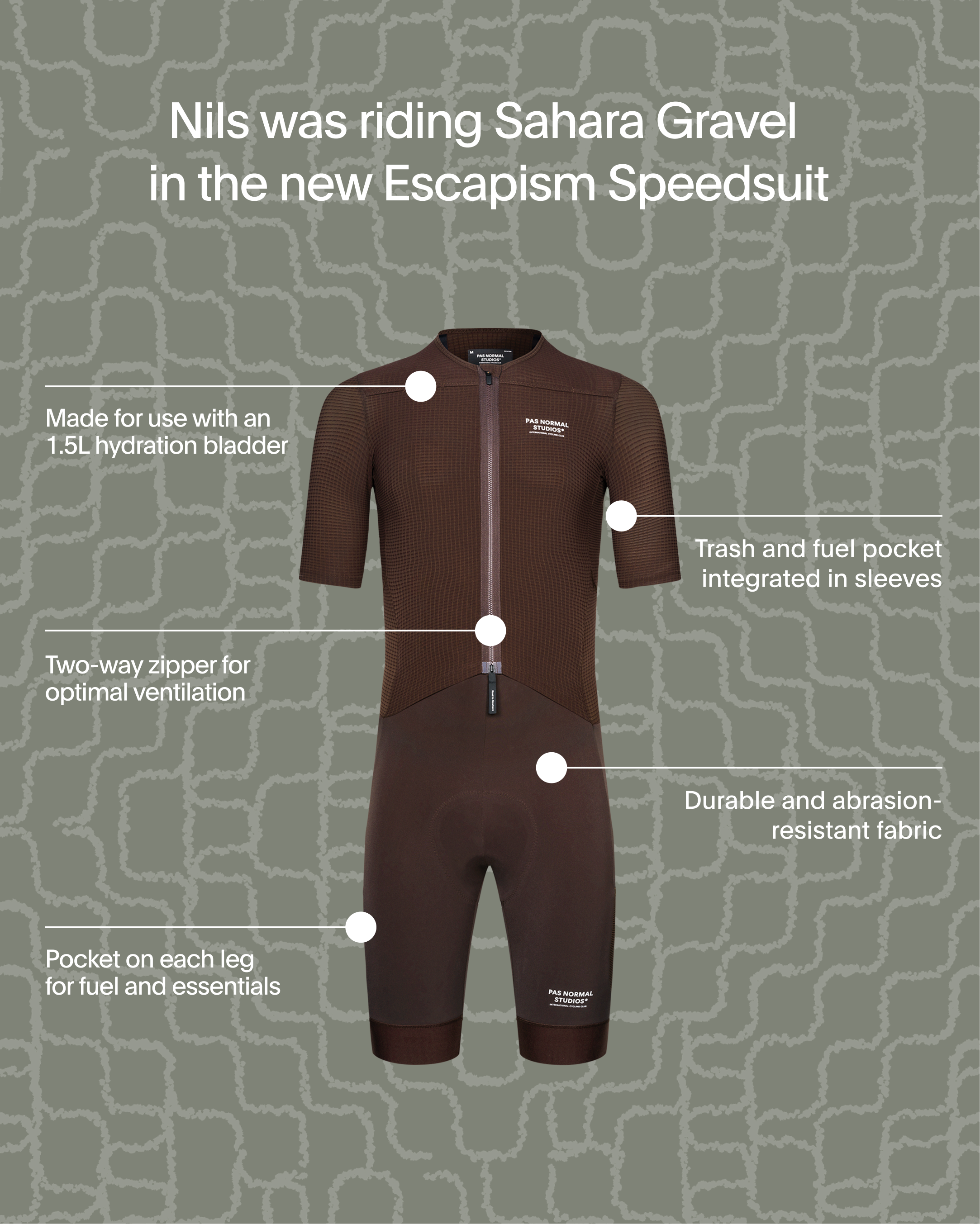 Escapism Speedsuit in brown with technical features highlighted including hydration bladder compatibility and pockets