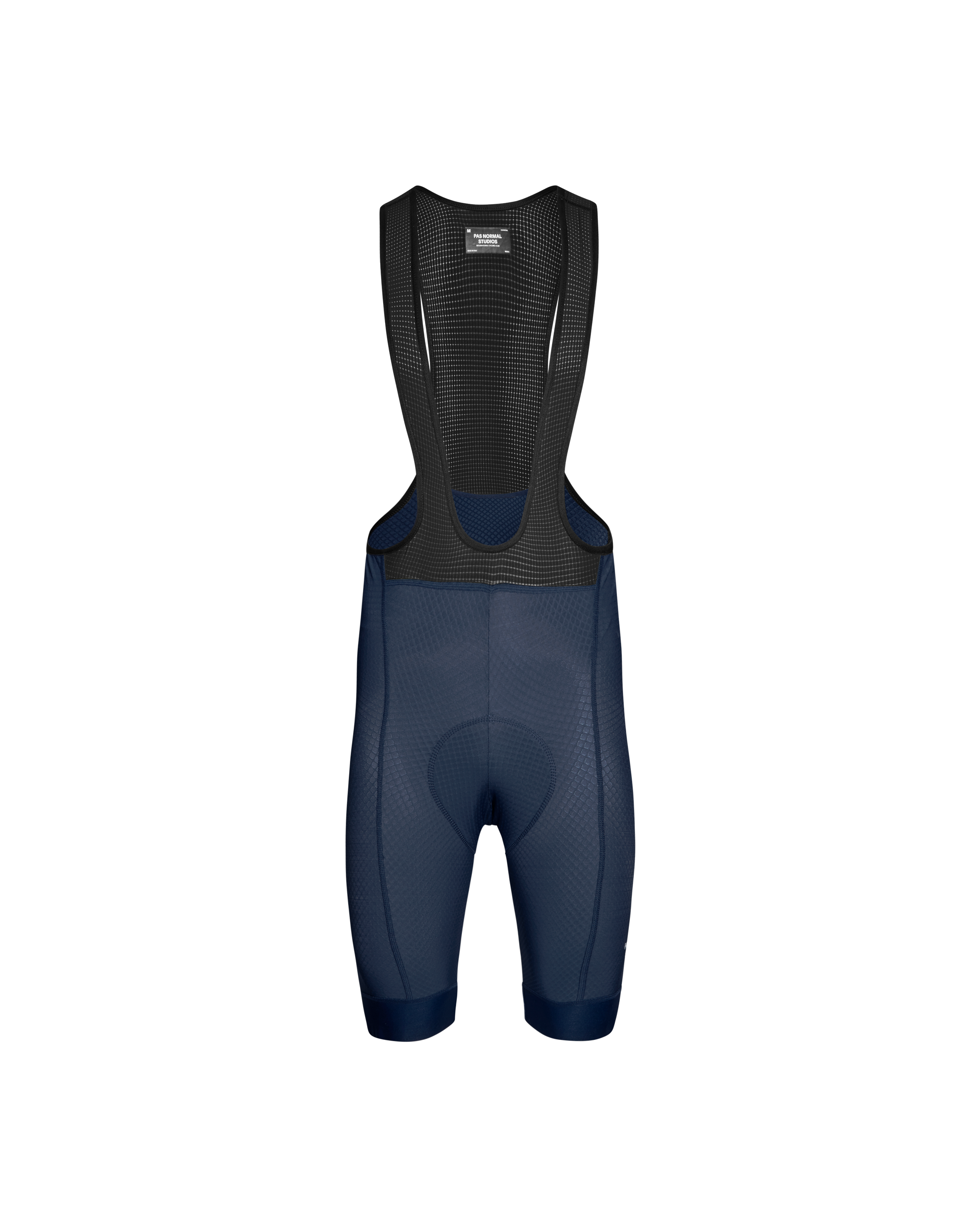 Navy Essential cycling bibs, front flat lay with black mesh upper panel
