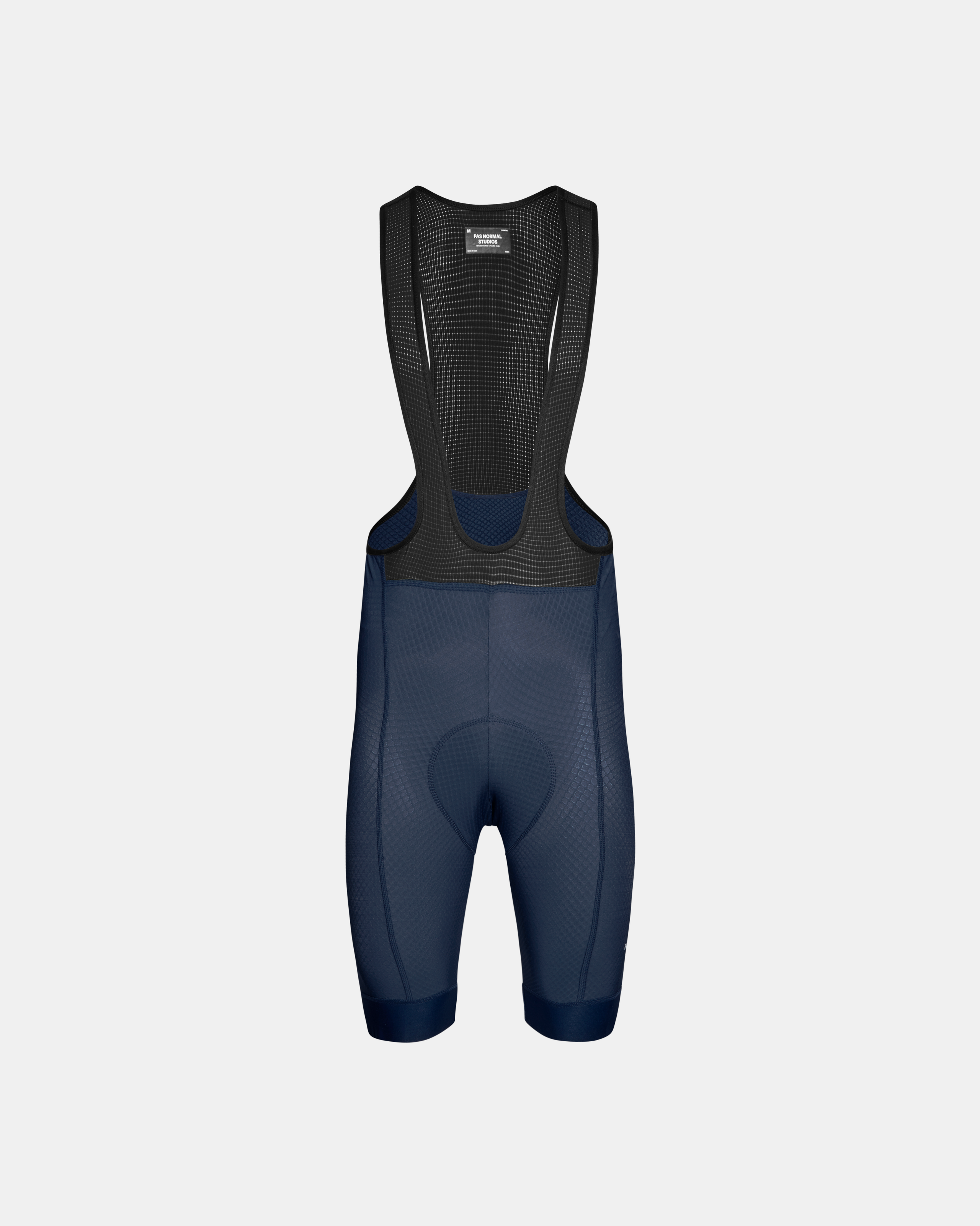 Navy Essential cycling bibs, front flat lay with black mesh upper panel