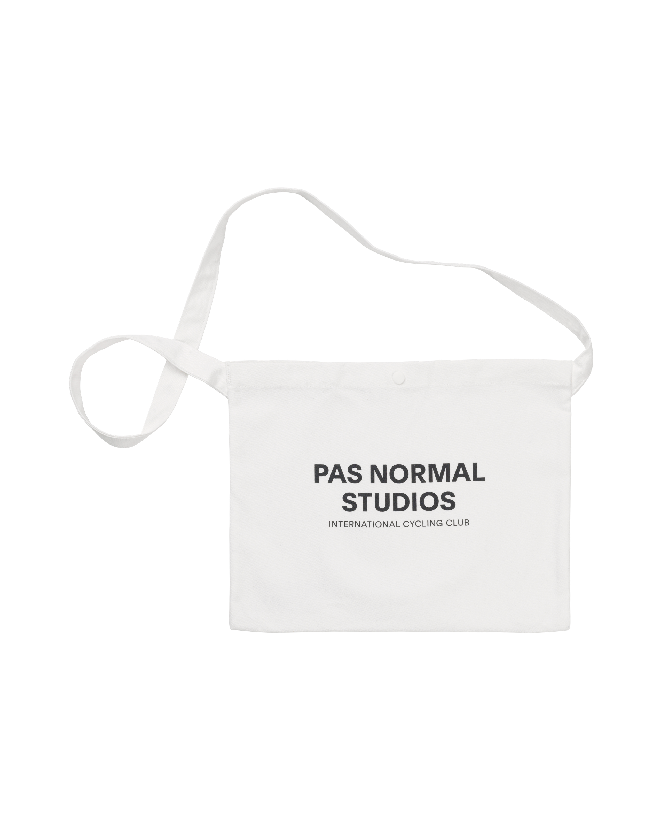 White Off-Race Musette bag, front view with shoulder strap and printed logo