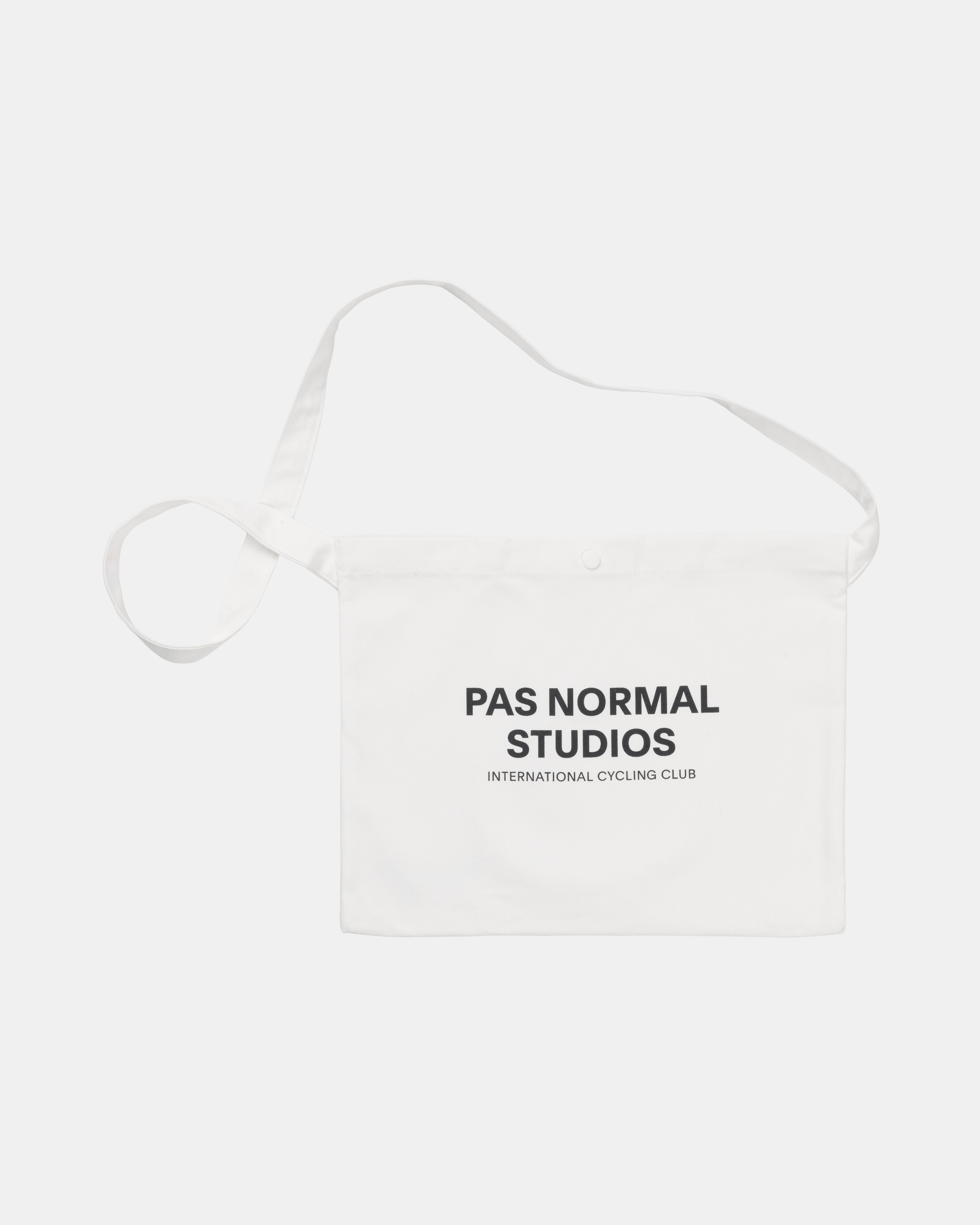 White Off-Race Musette bag, front view with shoulder strap and printed logo