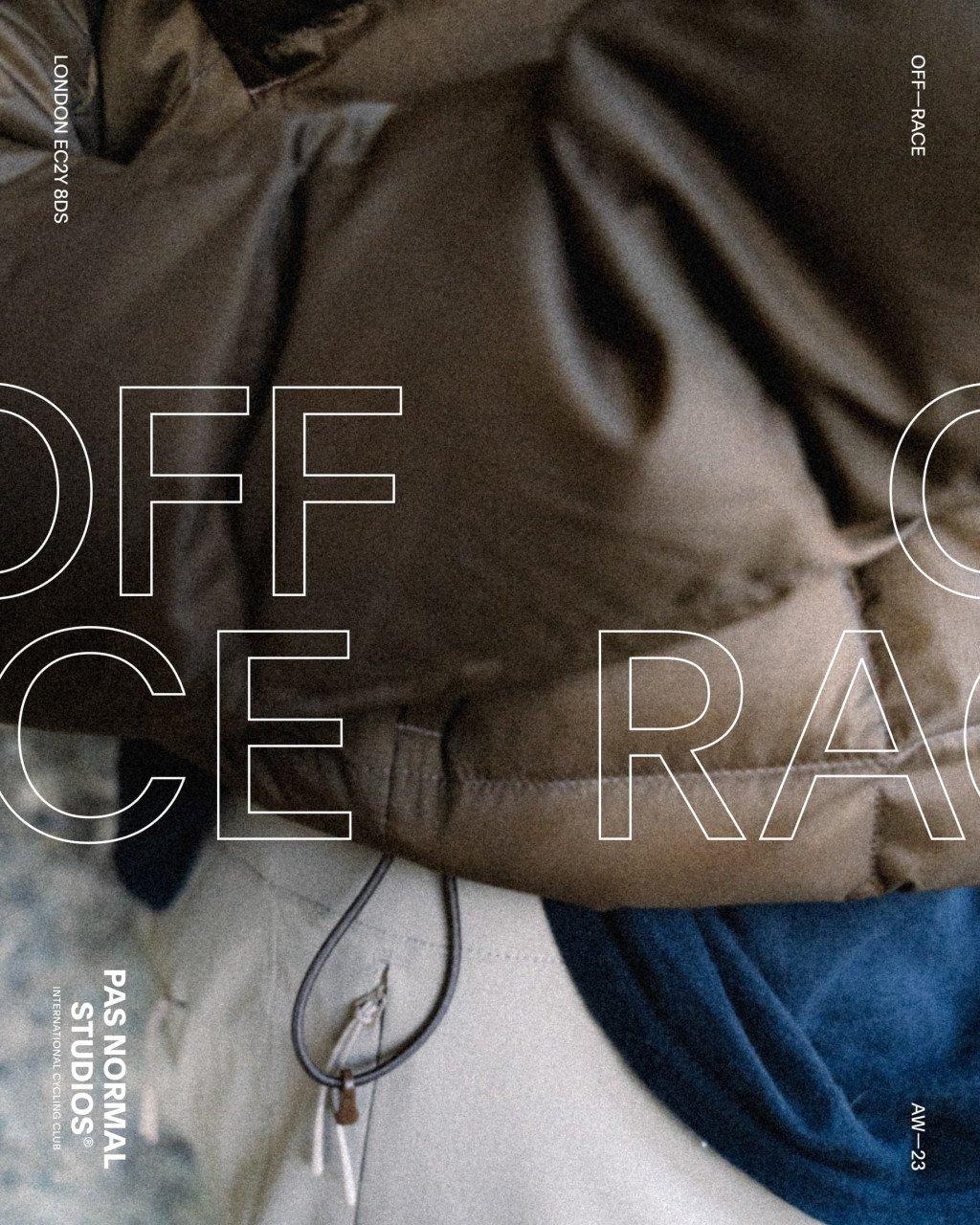 Off-Race AW23 lookbook featuring brown hoodie and blue shorts with white typography overlay