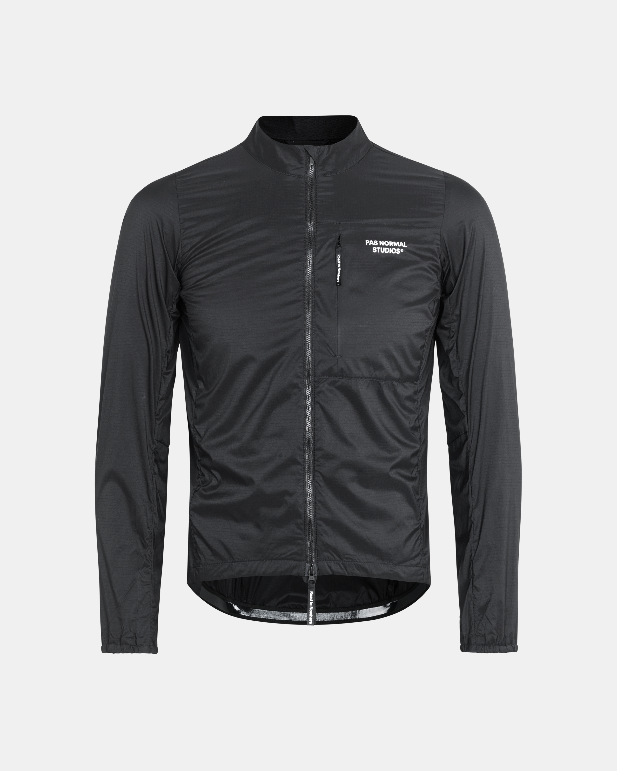 Black Essential insulated cycling jacket, front view with chest pocket and full zip